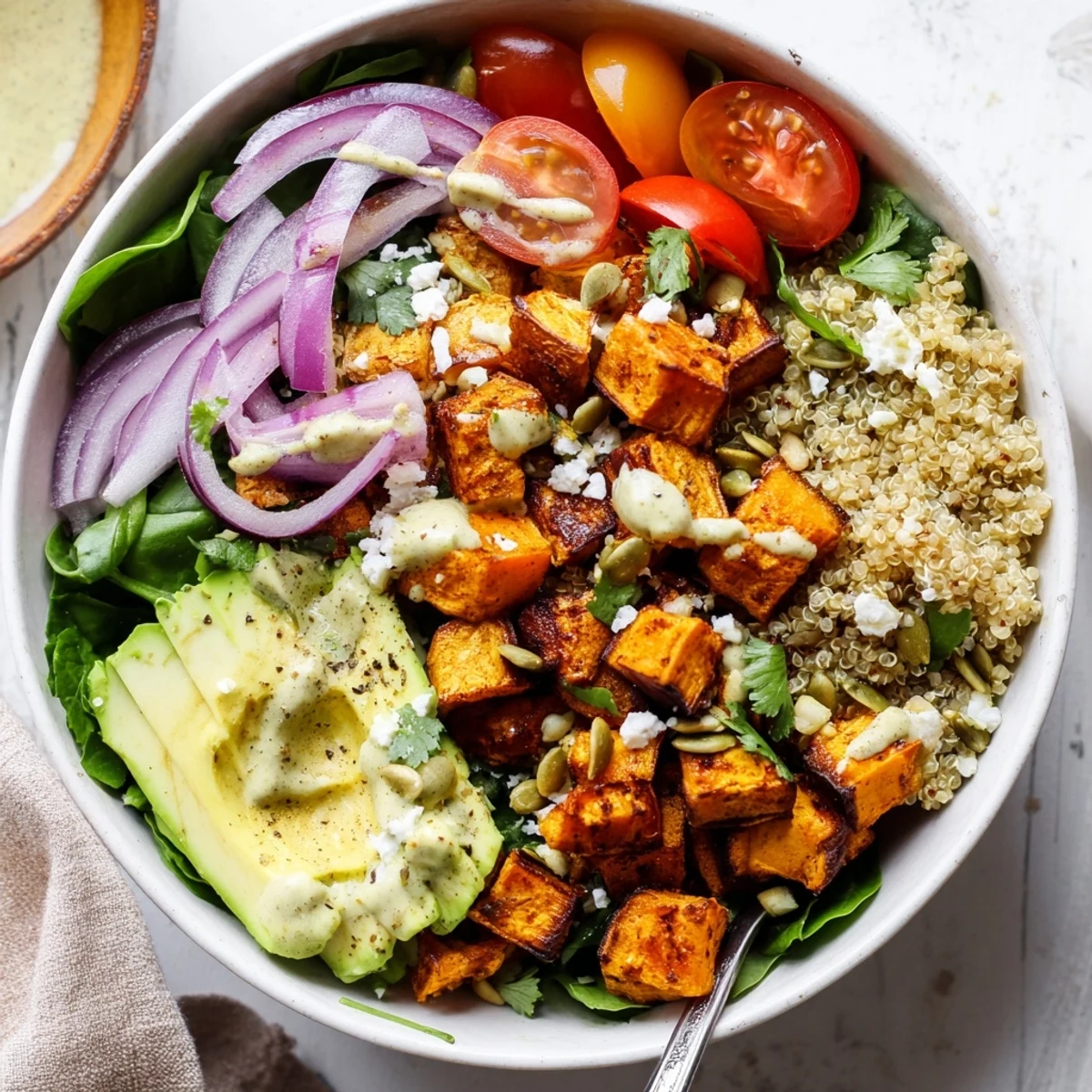 Roasted Sweet Potato Quinoa Salad Bowl with caramelized sweet potatoes and lemon-tahini drizzle