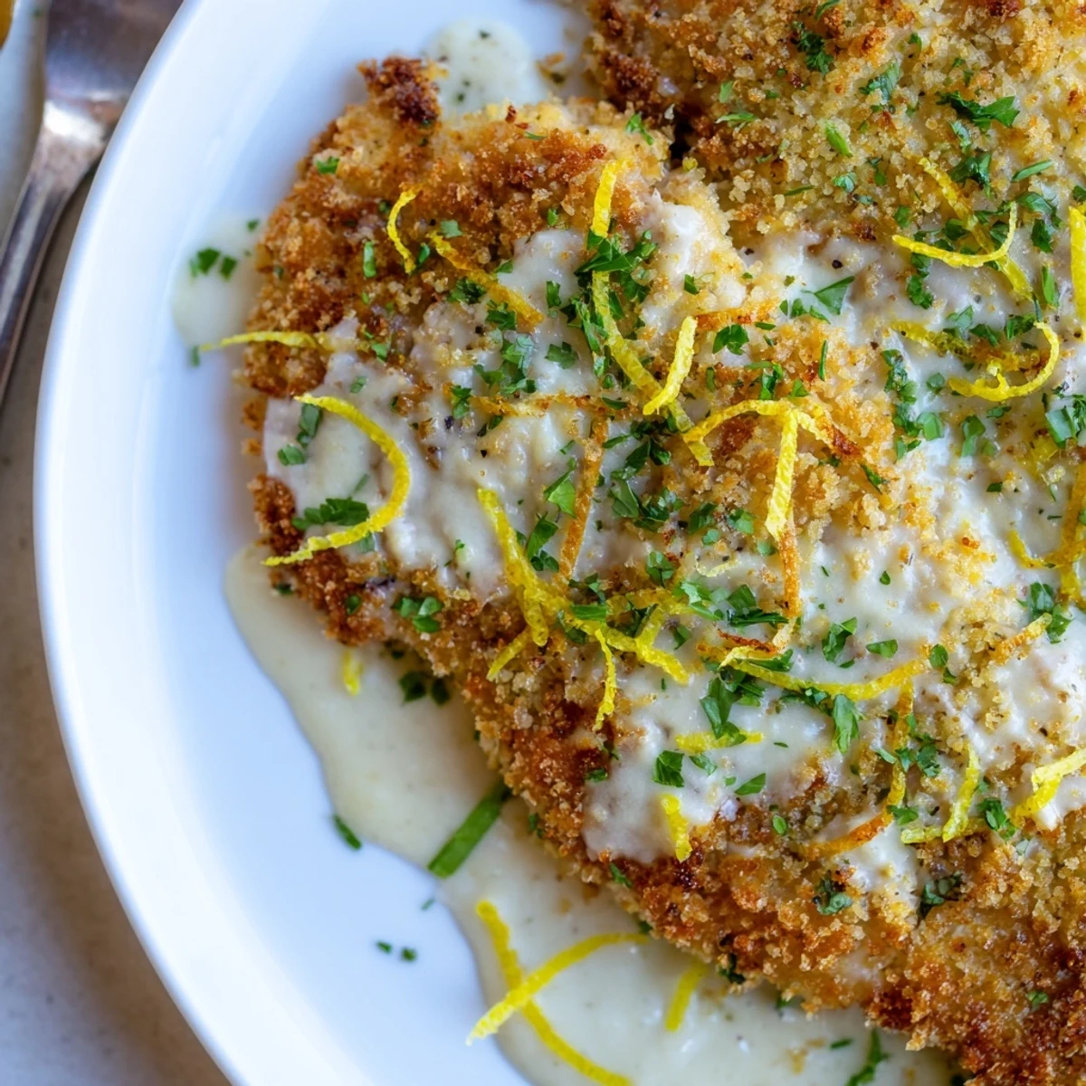 Lemon Pecorino Crusted Chicken With Creamy Lemon Sauce, golden crust and velvety drizzle