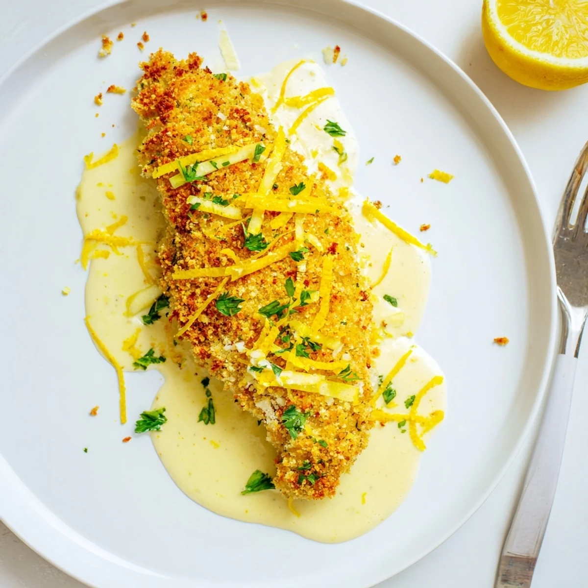 Lemon Pecorino Crusted Chicken With Creamy Lemon Sauce served over steamed vegetables