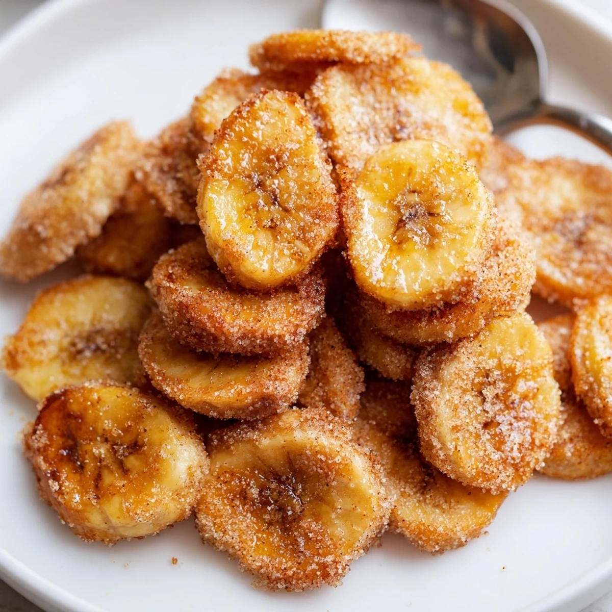 Crispy Cinnamon Sugar Air Fryer Banana Chips piled on a wooden board