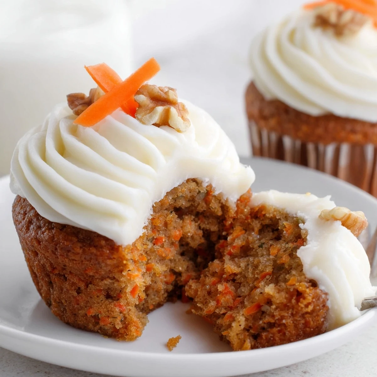 Plate of Moist Carrot Cake Cupcakes garnished with chopped pecans, cream cheese  