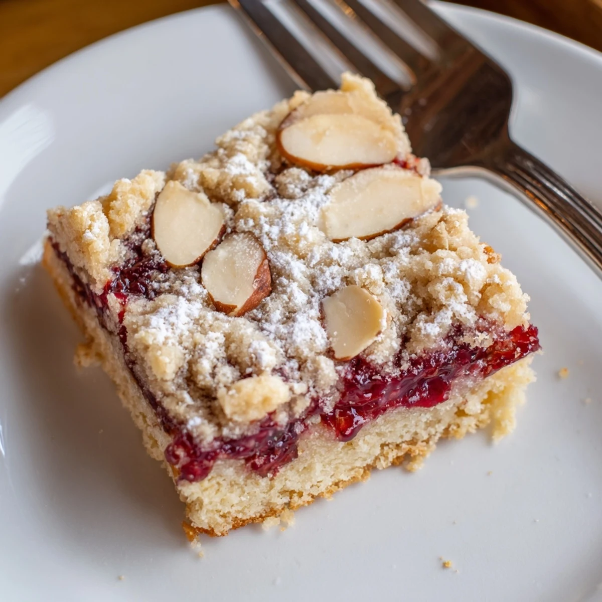 Raspberry Almond Bars with golden almond crumble, glossy jam and powdered sugar.  