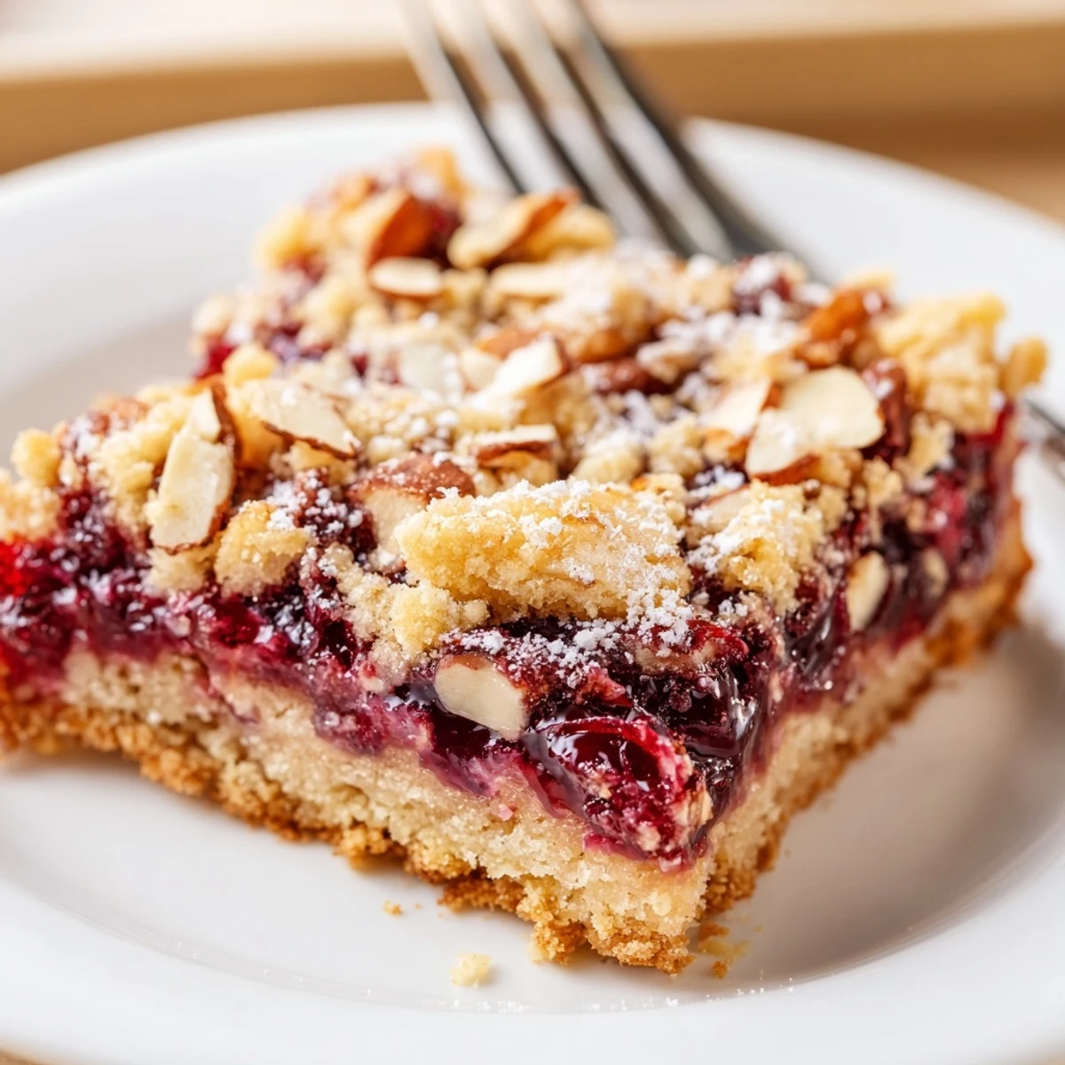 Fresh-baked Raspberry Almond Bars cooling in pan, toasted almonds and buttery crumbs.  