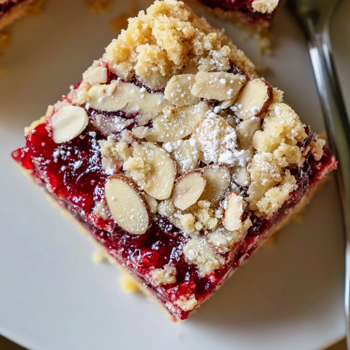 Slice of Raspberry Almond Bars on plate beside whipped cream, jam-glazed center.