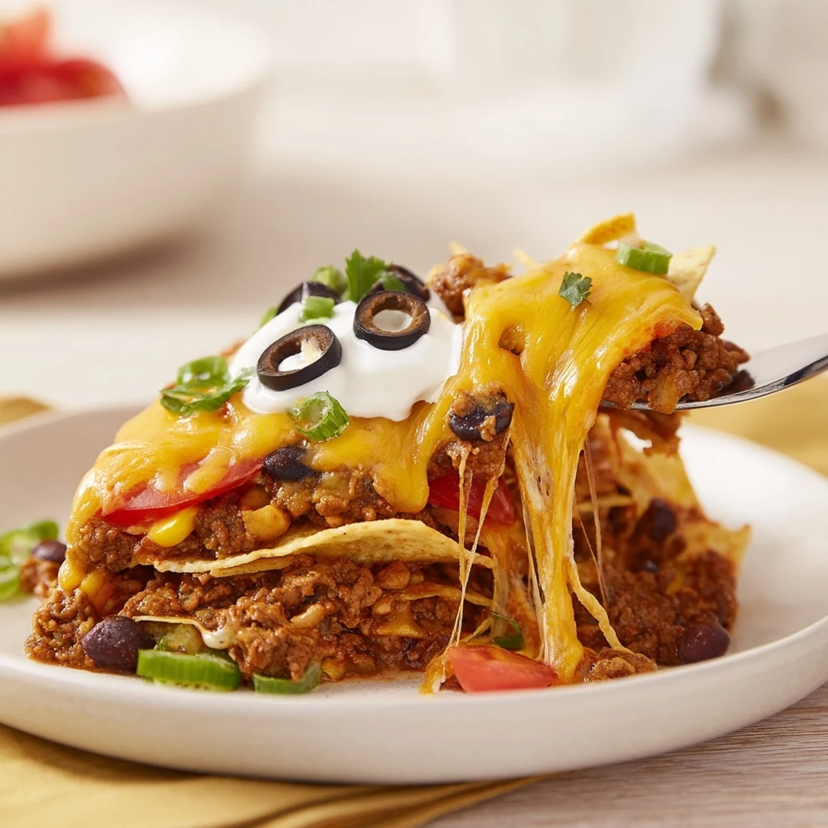 Cheesy Nacho Casserole oozing melted cheddar over crunchy tortilla chips, cilantro