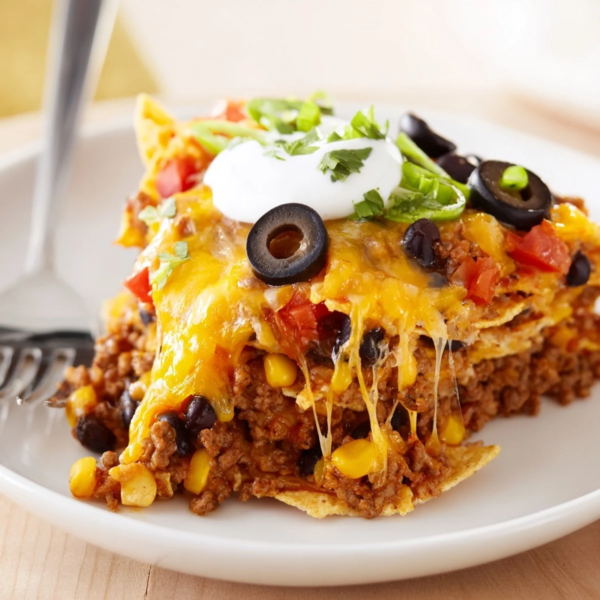 Baked Cheesy Nacho Casserole layered with seasoned beef, beans, bubbling golden cheese