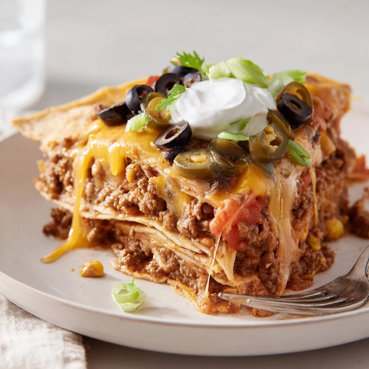 Warm Cheesy Nacho Casserole topped with sour cream and sliced jalapenos