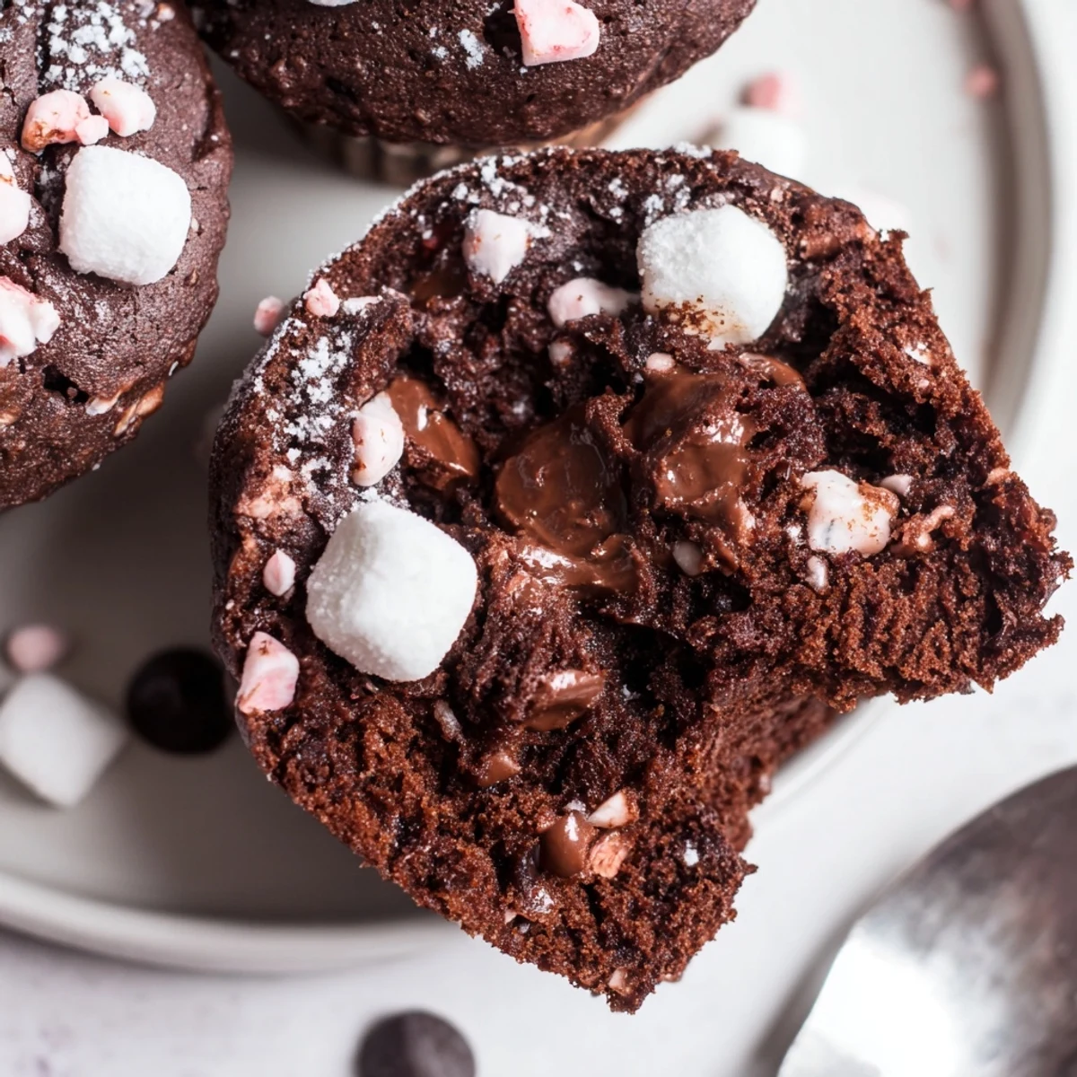 Peppermint Hot Chocolate Muffins steaming on a rack, chocolate chips melting