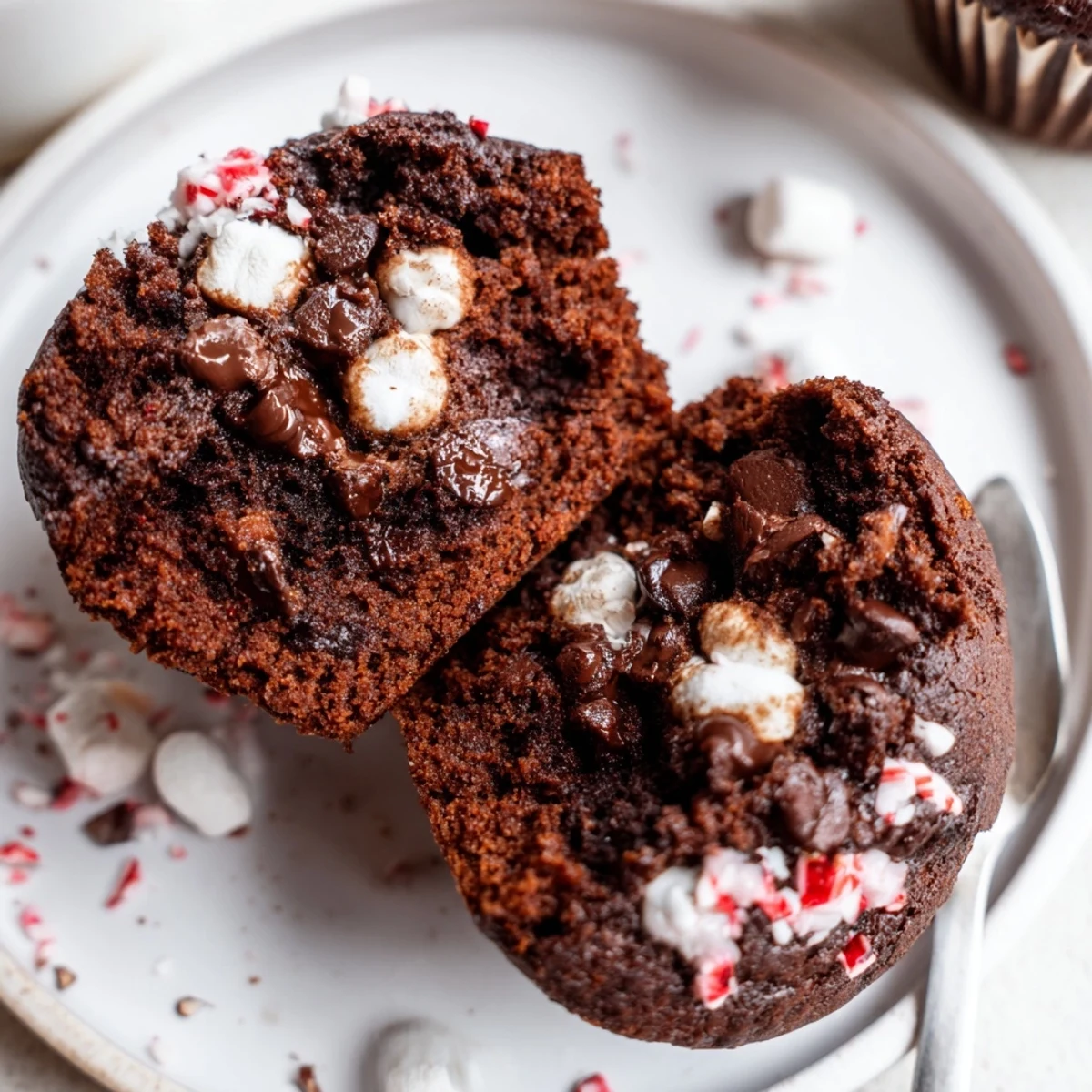 A plate of Peppermint Hot Chocolate Muffins beside a mug, cozy serving