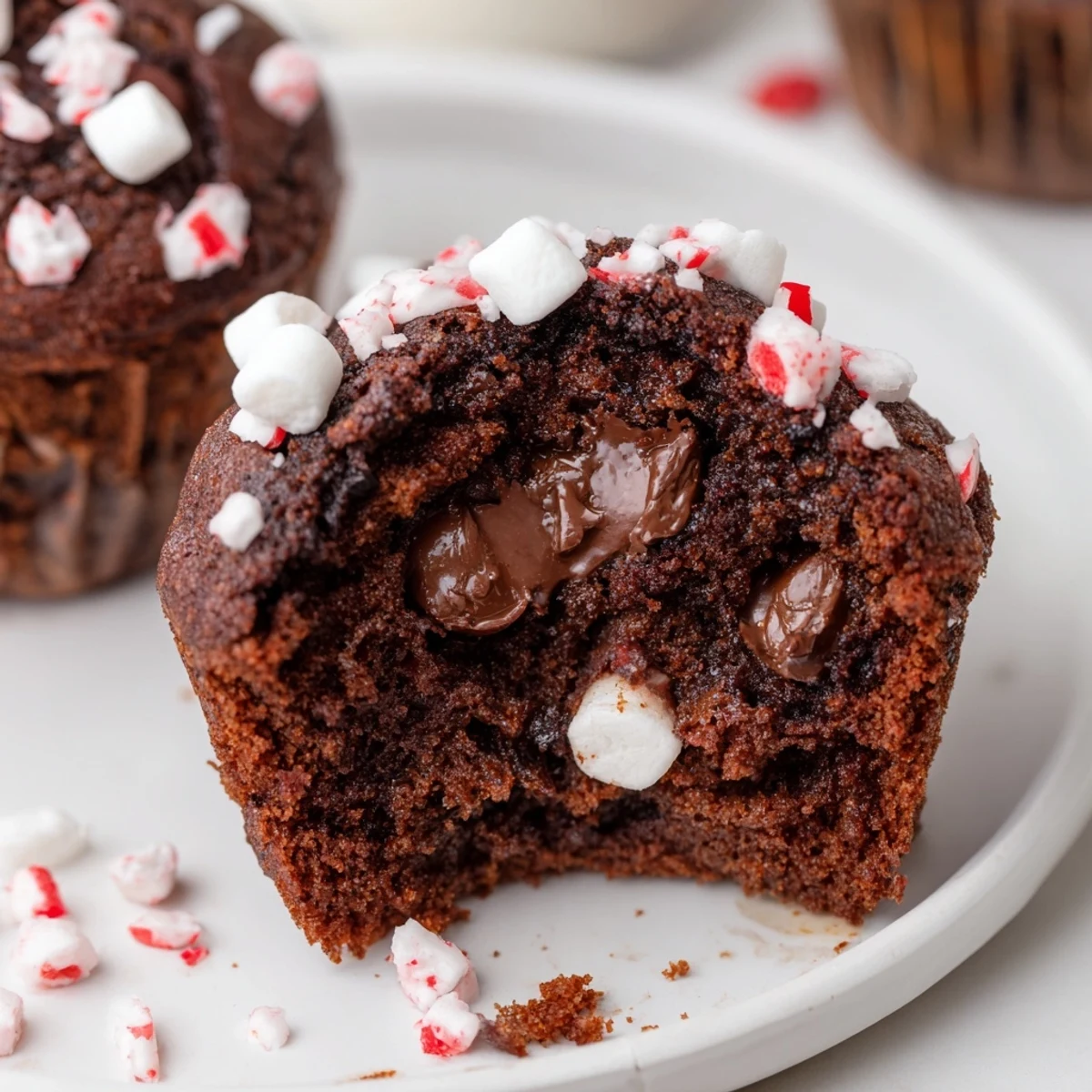 Warm Peppermint Hot Chocolate Muffins topped with crushed peppermint and marshmallow dollop