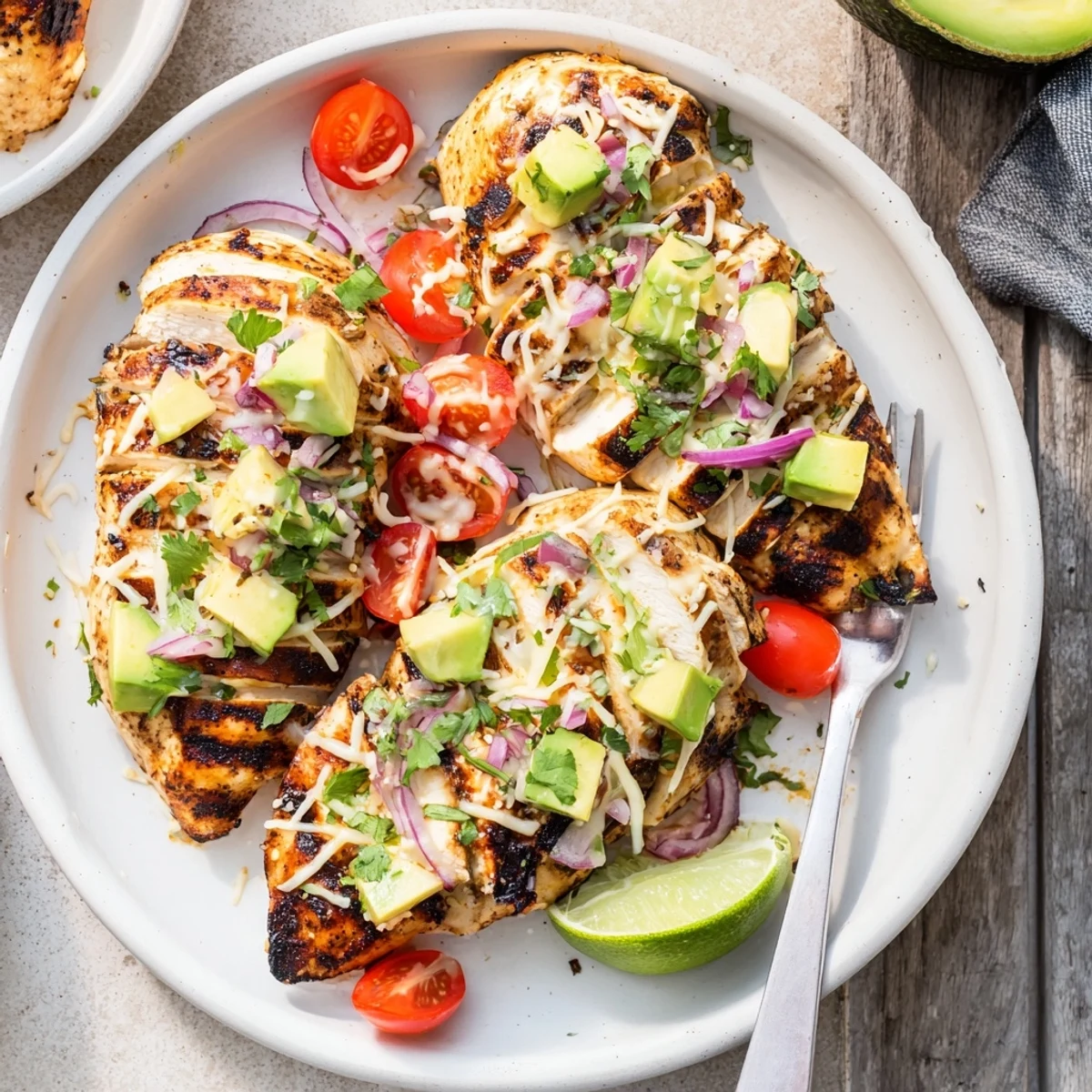 Grilled Fiesta Lime Chicken With Avocado, zesty char marks and citrus aroma  