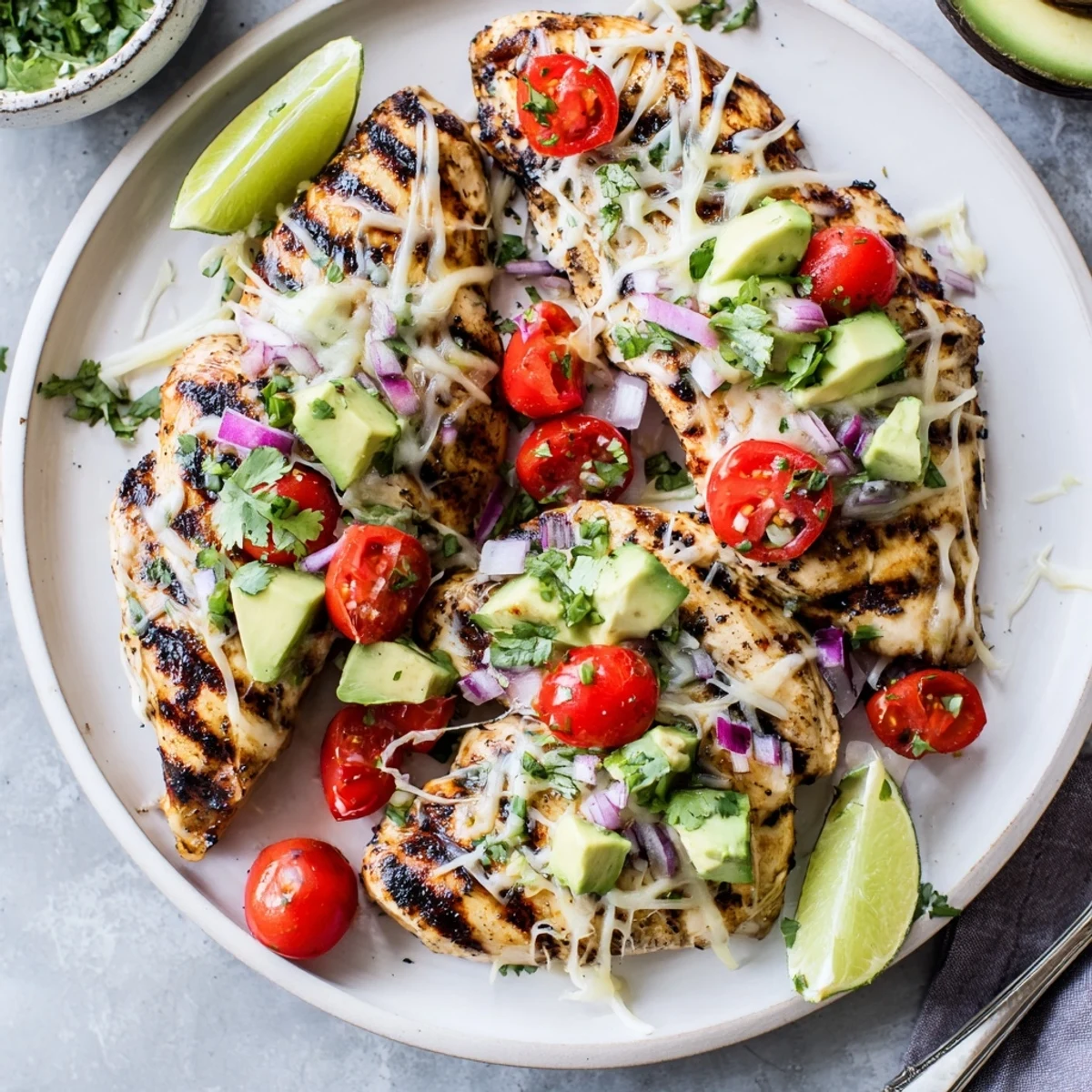 Fiesta Lime Chicken With Avocado served on warm tortillas with cilantro garnish  