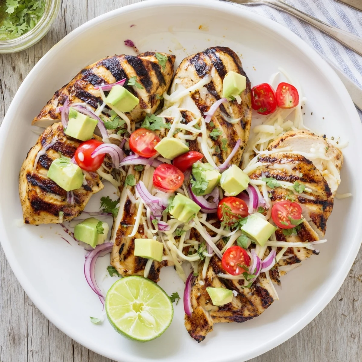 Juicy, marinated Fiesta Lime Chicken With Avocado resting under melted cheese and lime