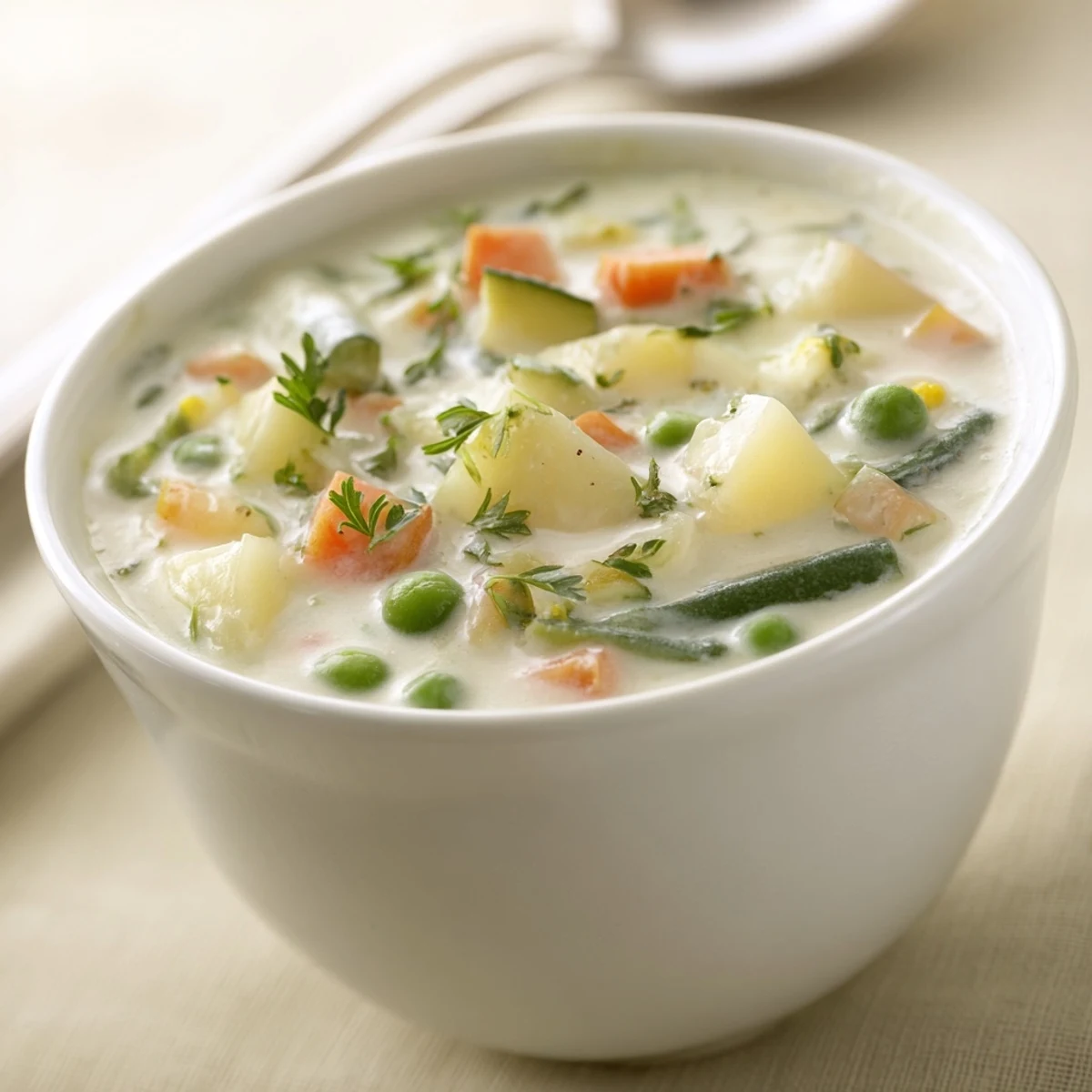 Creamy Vegetable Soup Recipe steaming in a bowl, velvety texture, herb garnish.