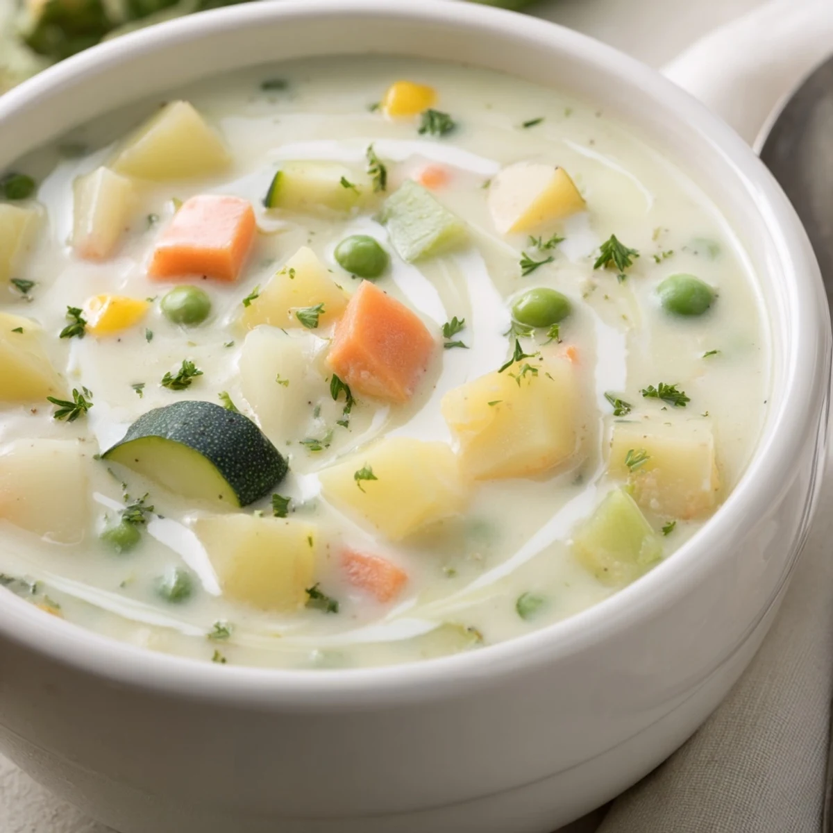 Bowl of steaming, tender vegetables in a Creamy Vegetable Soup Recipe.