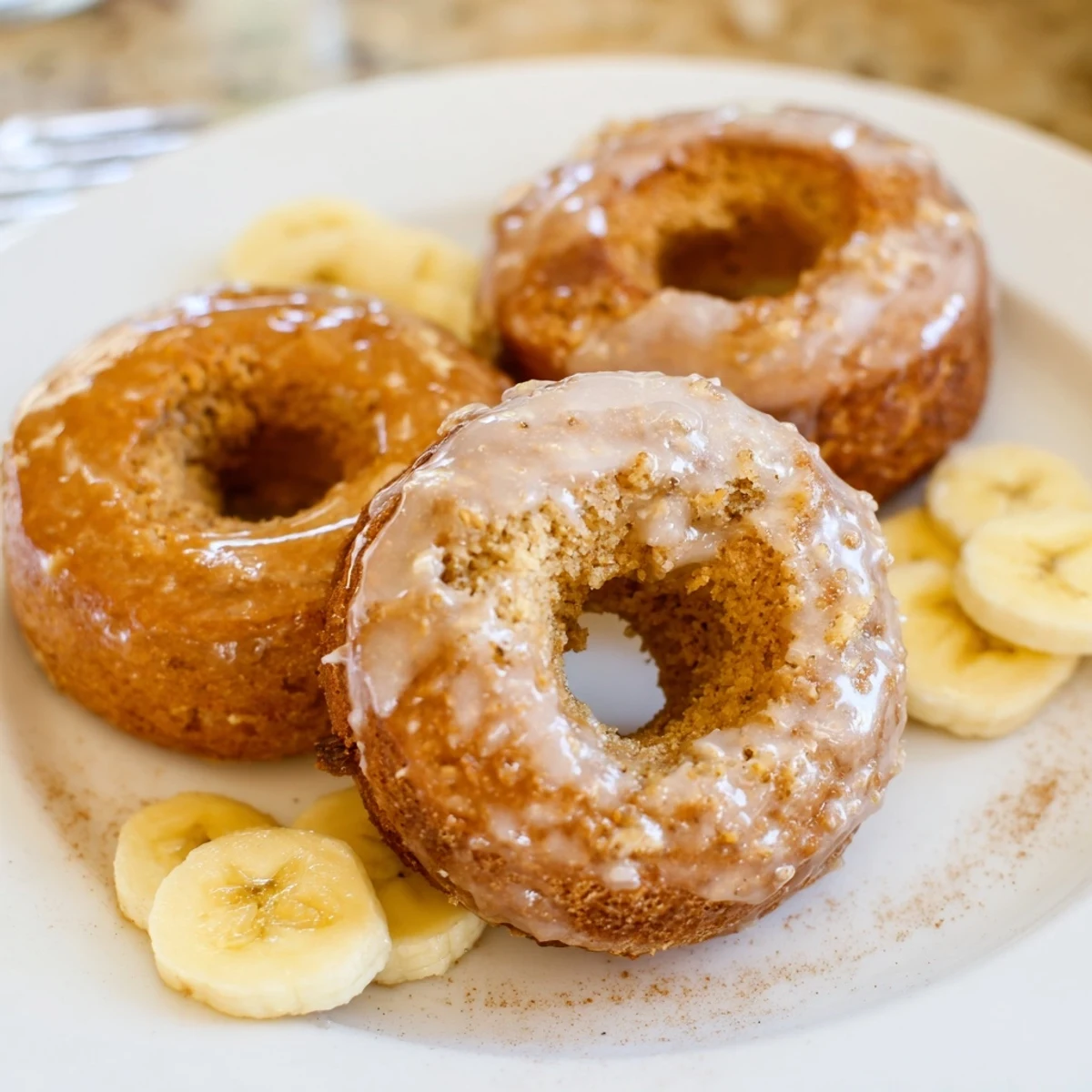 Warm Banana Donuts with golden crust and tender, banana-scented cake.