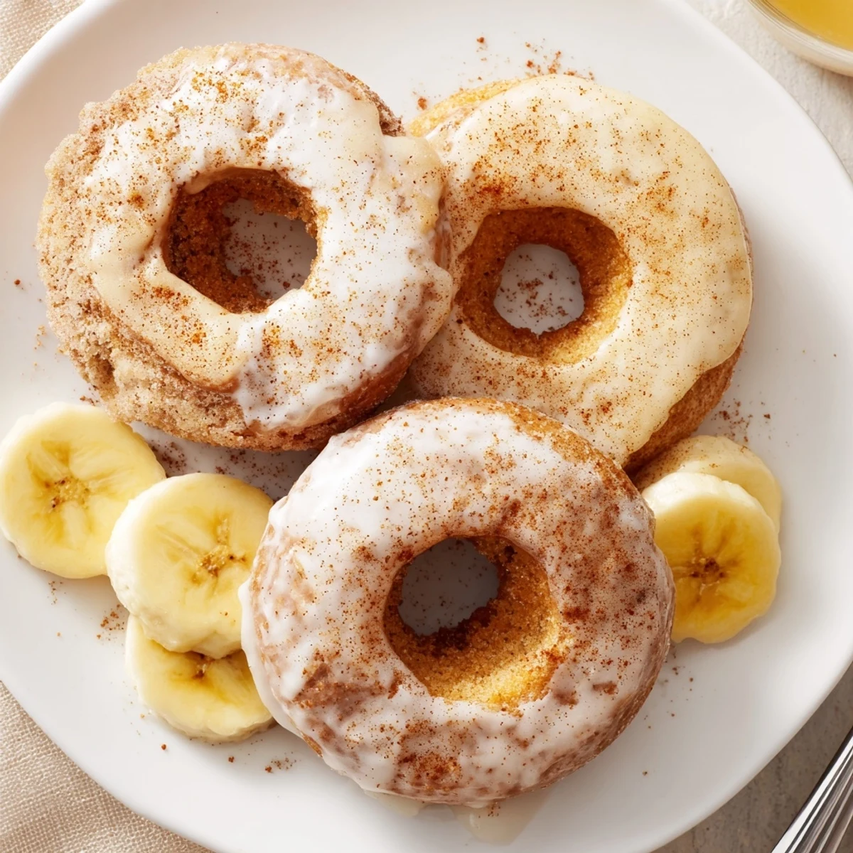 Stacked Banana Donuts dusted with cinnamon sugar, moist centers and aroma.