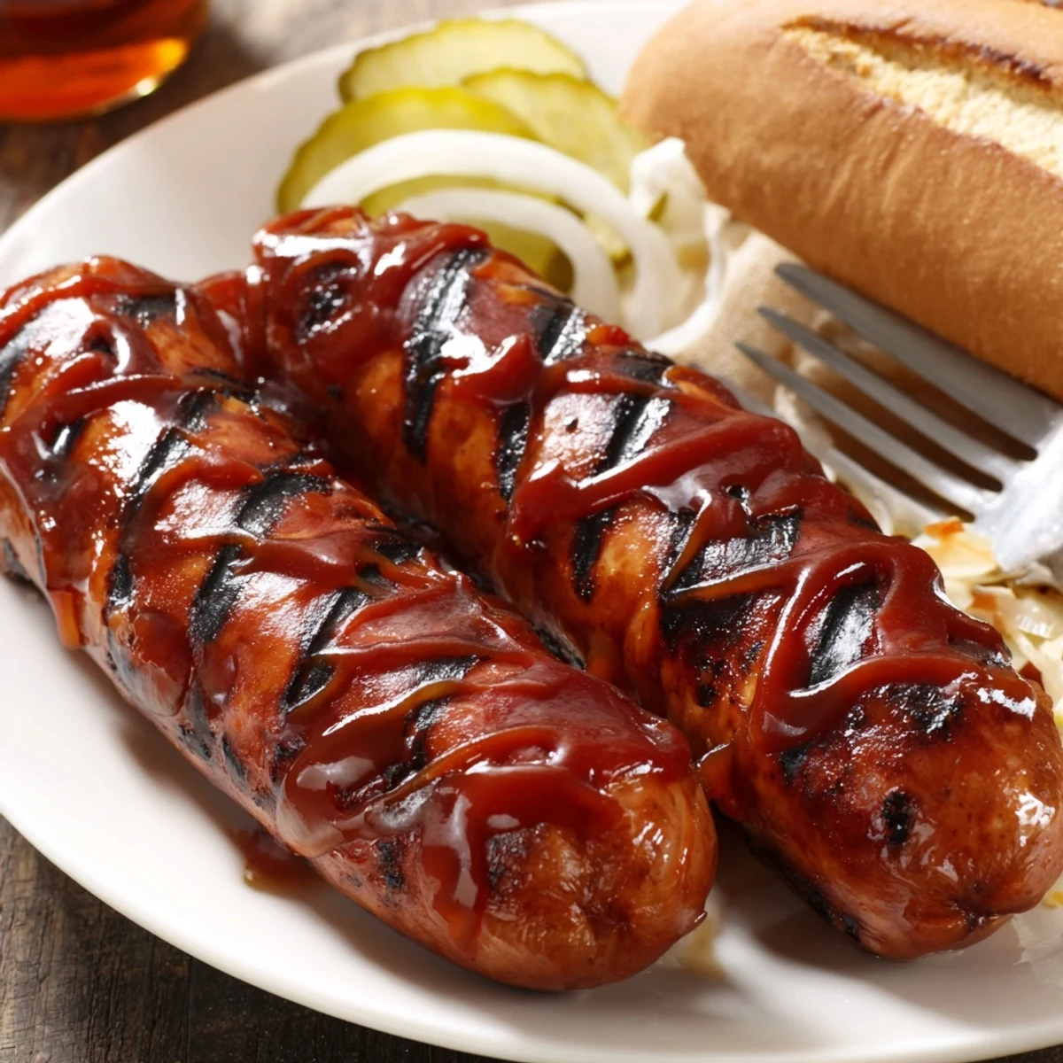 BBQ Sausage Recipe showing caramelized grilled sausages brushed with tangy sauce