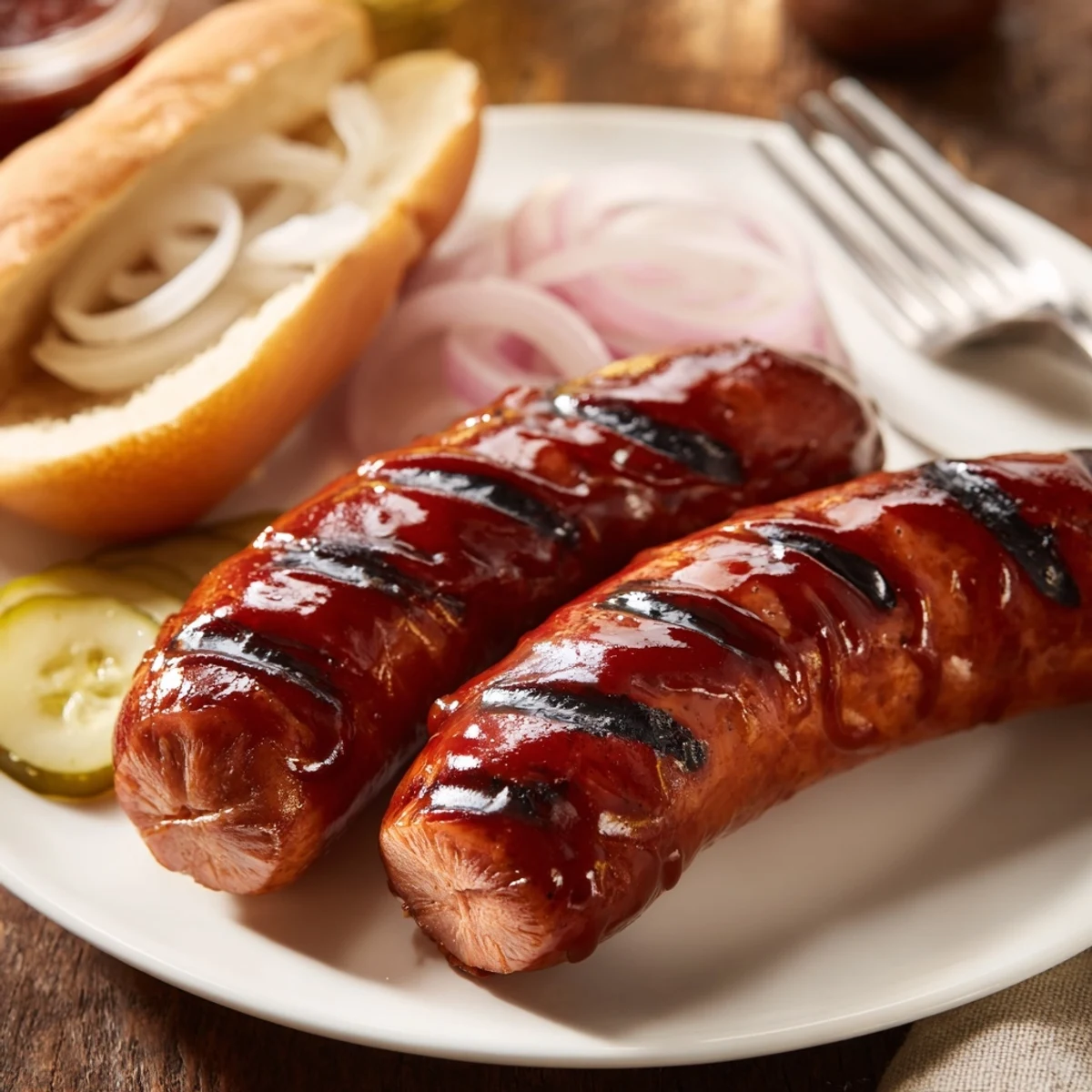 Summer cookout BBQ Sausage Recipe nestled in buns with crisp pickles