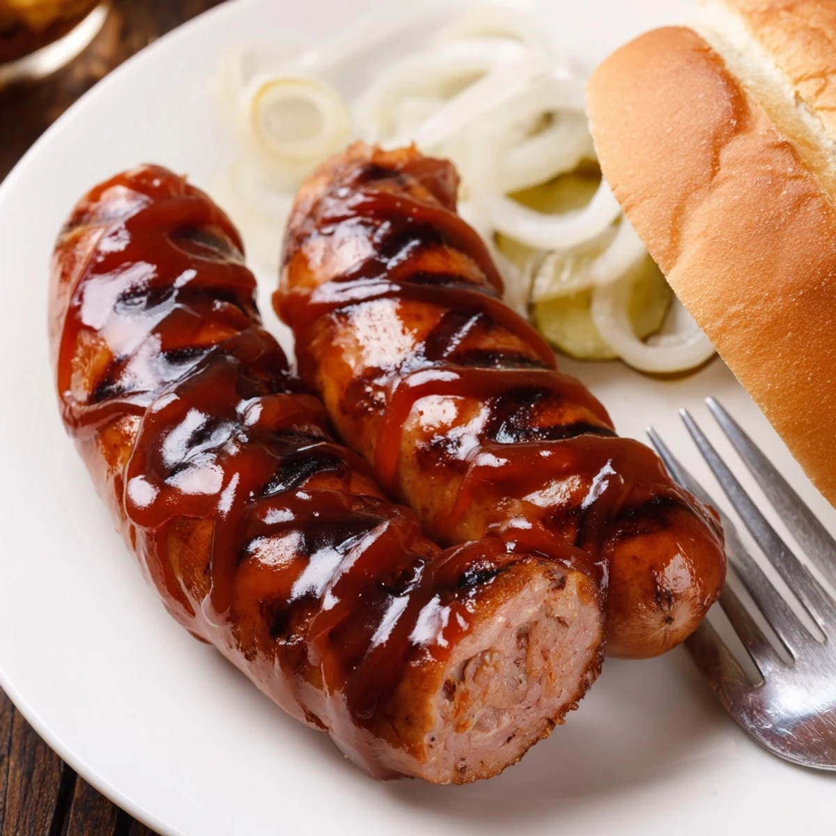 Glistening BBQ Sausage Recipe displays charred links with glossy sauce, steam rising