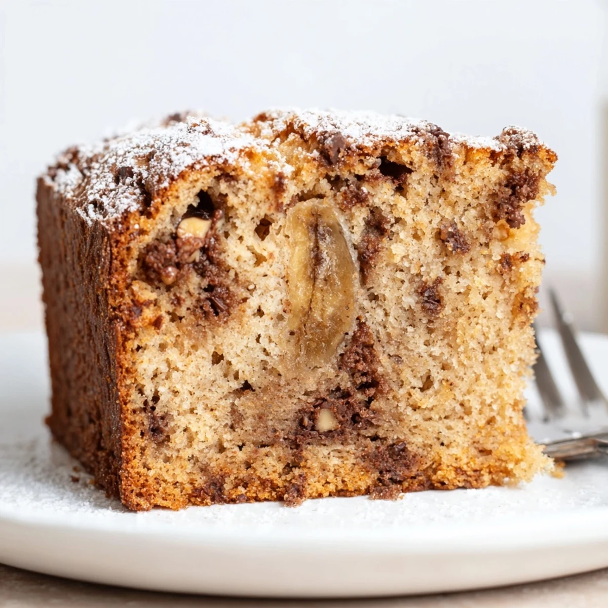 Banana Bread Cake Recipe slice with walnuts and melting chocolate chips, cozy