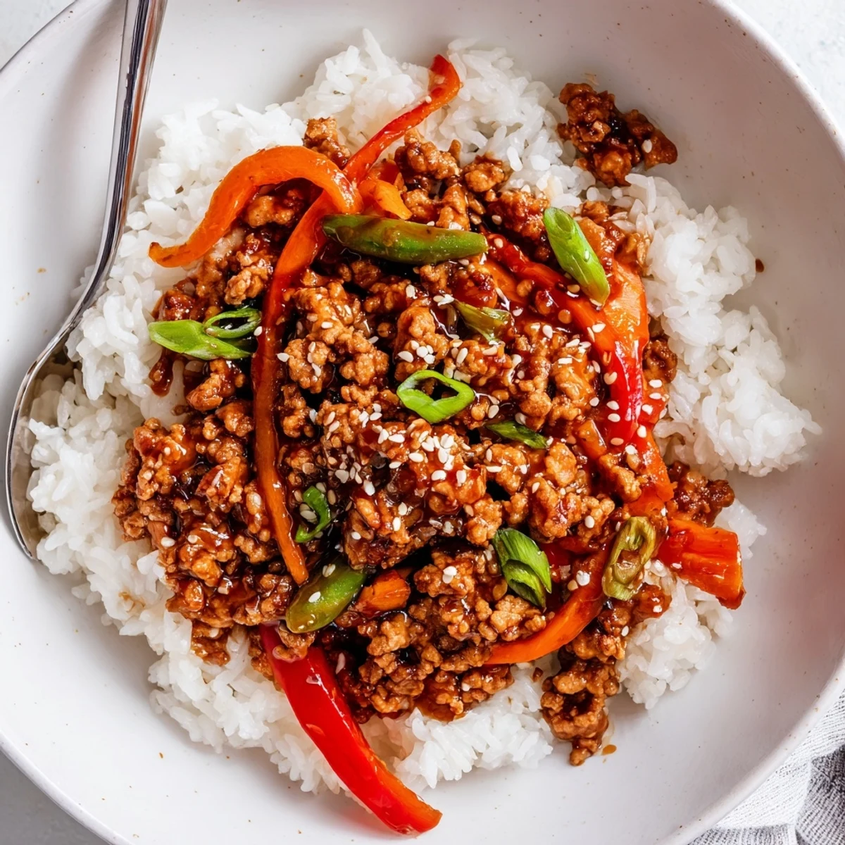 Teriyaki Turkey Rice Bowls steaming with glossy sauce over fluffy jasmine rice, sesame seeds
