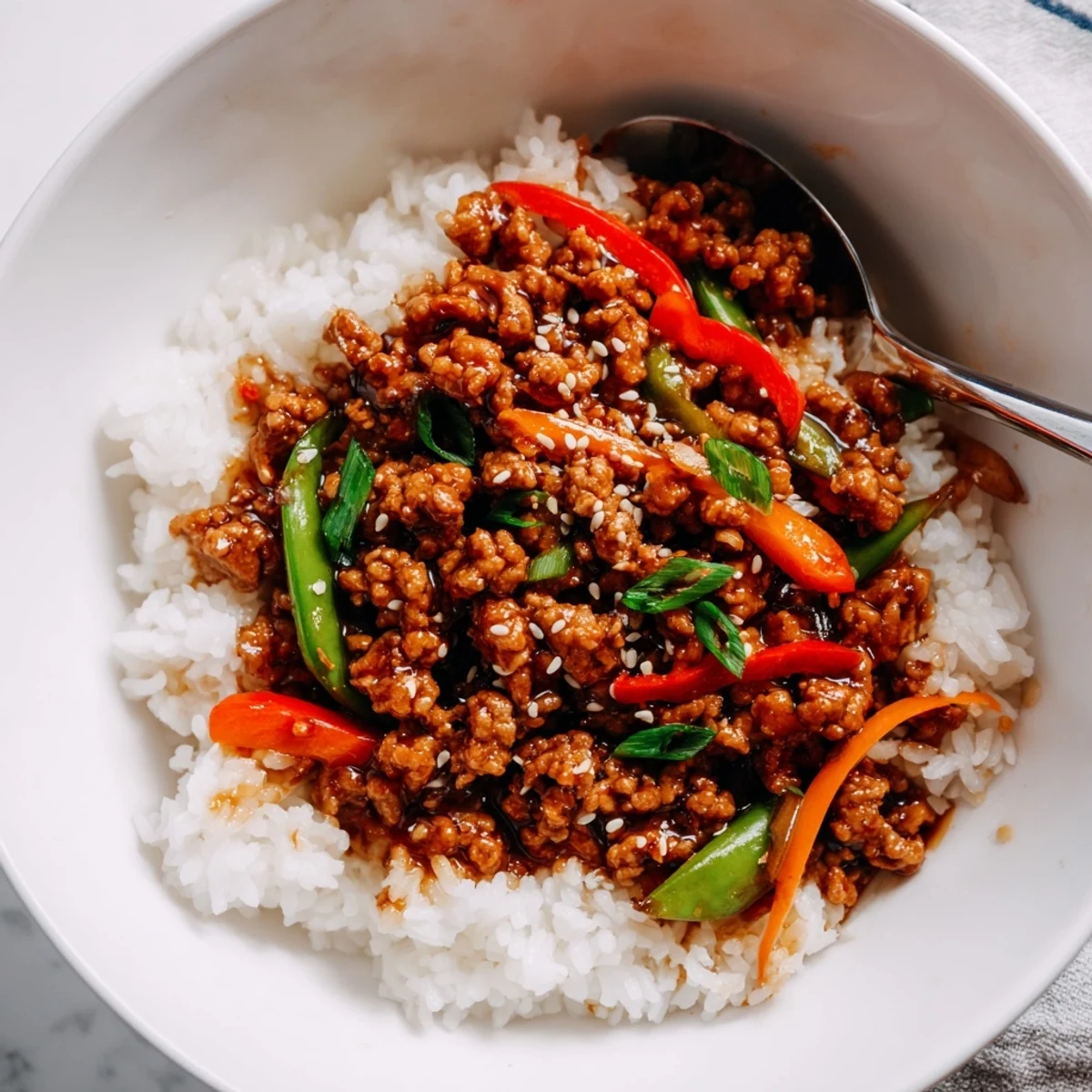 Teriyaki Turkey Rice Bowls topped with crisp carrots, bell pepper strips, vibrant scallions