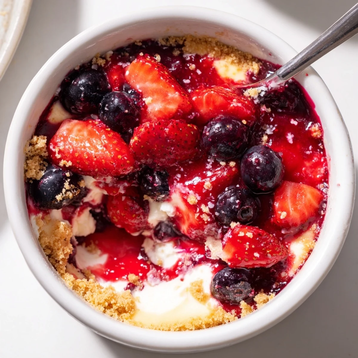 Berry No Bake Cheesecakes with glossy berry compote and crunchy graham crust