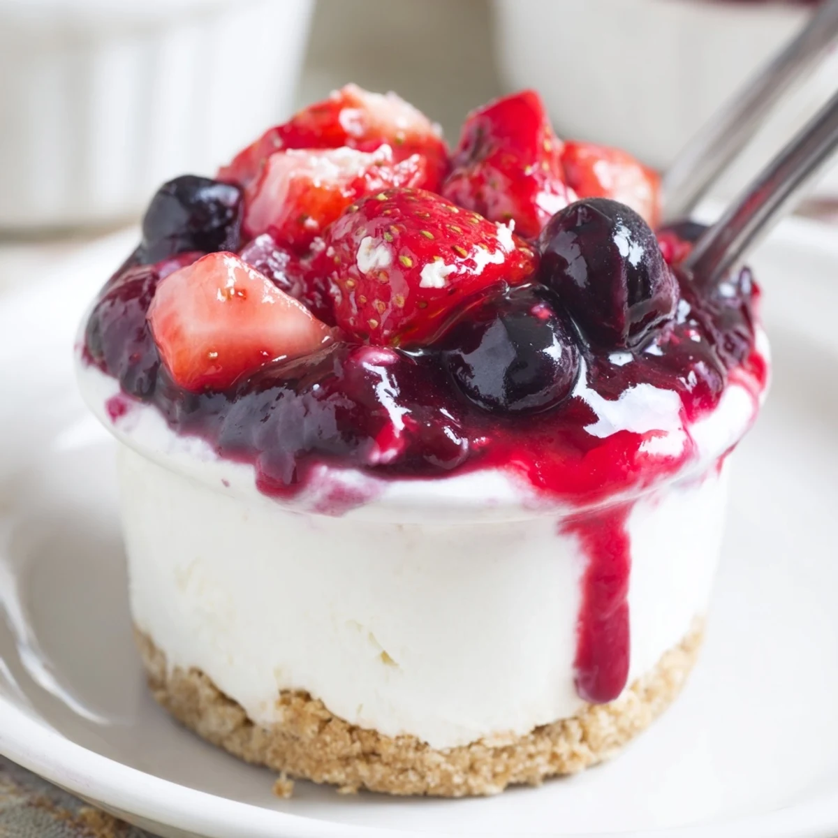 Individual Berry No Bake Cheesecakes chilled in glasses, creamy, zesty lemon notes