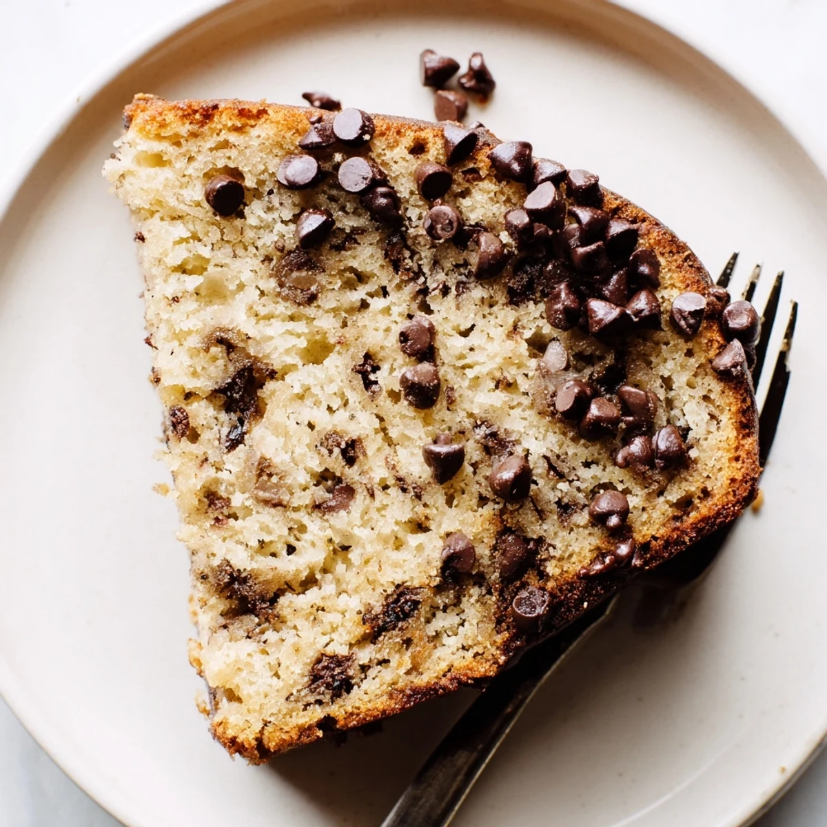 Freshly baked Banana Chocolate Chip Cake Recipe, sliced with moist crumb and melted chocolate