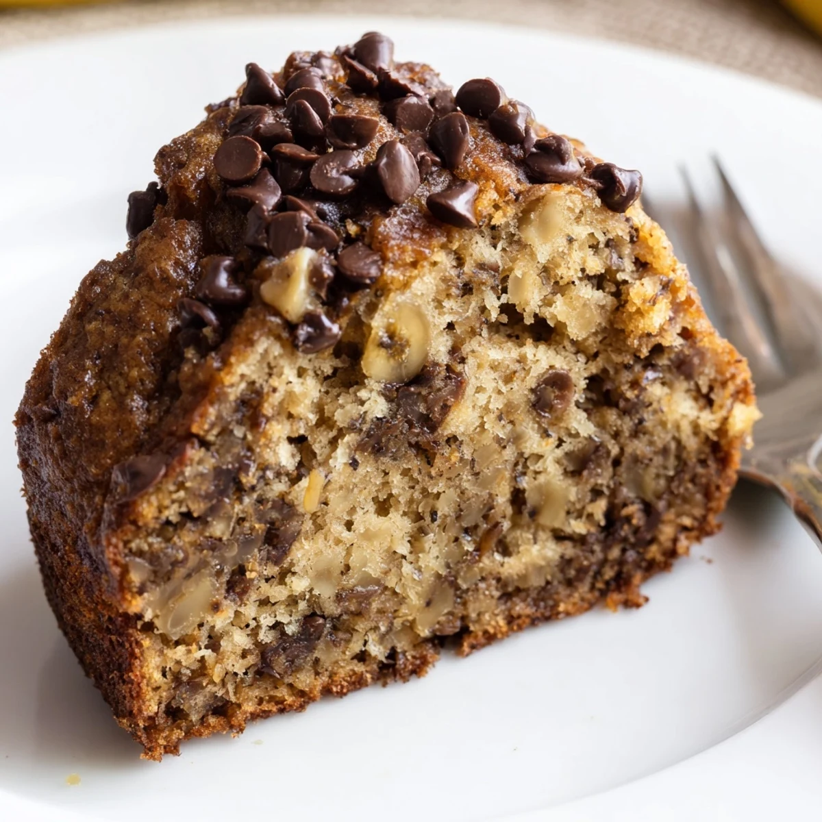 Overhead pan view of Banana Chocolate Chip Cake Recipe cooling, speckled with chips