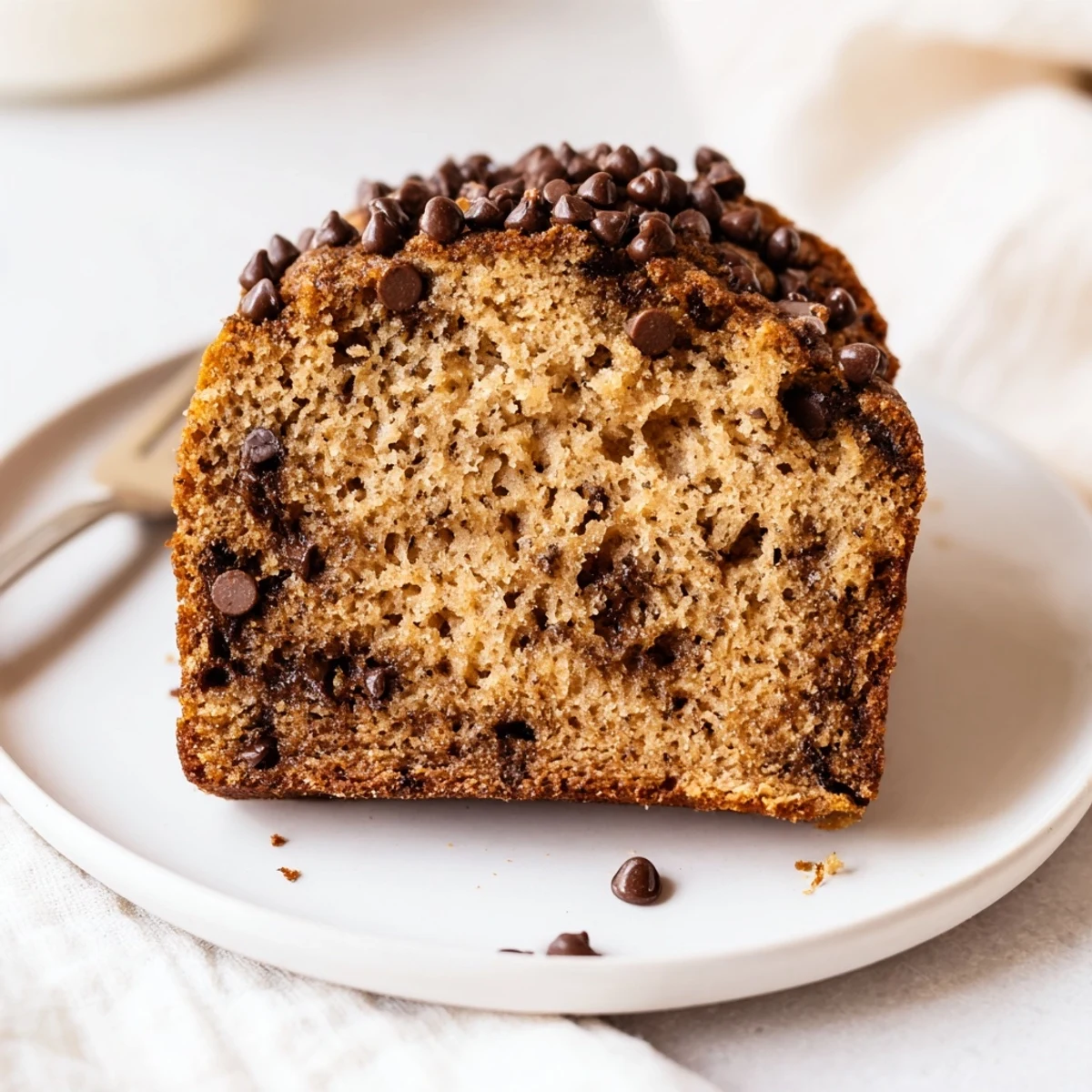 Slice of Banana Chocolate Chip Cake Recipe served warm alongside vanilla ice cream