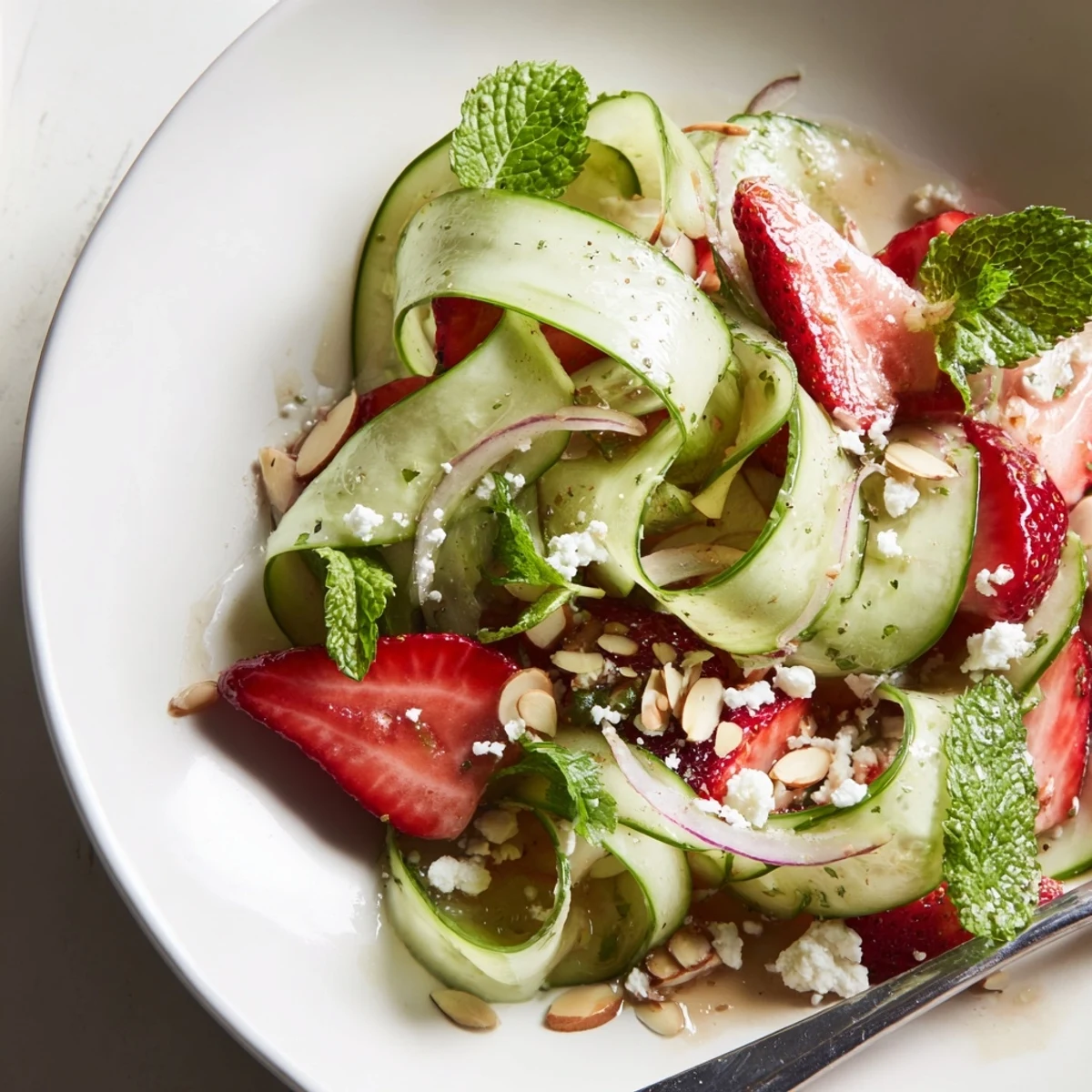 Cucumber Strawberry Salad Recipe with crisp cucumbers, juicy strawberries, minty freshness.