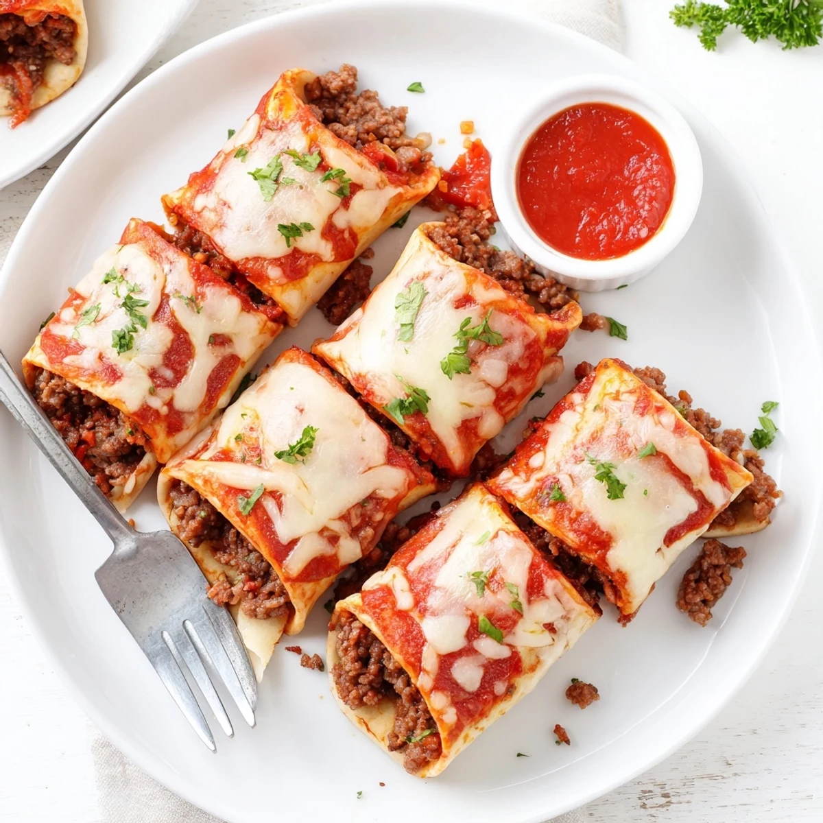 Cheesy Beef Pepperoni Pizza Roll Ups Snack Recipe with golden crust, gooey cheese, marinara  