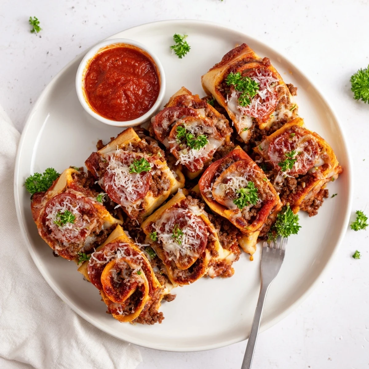 Cheesy Beef Pepperoni Pizza Roll Ups Snack Recipe bright basil garnish, crisp edges, cooling