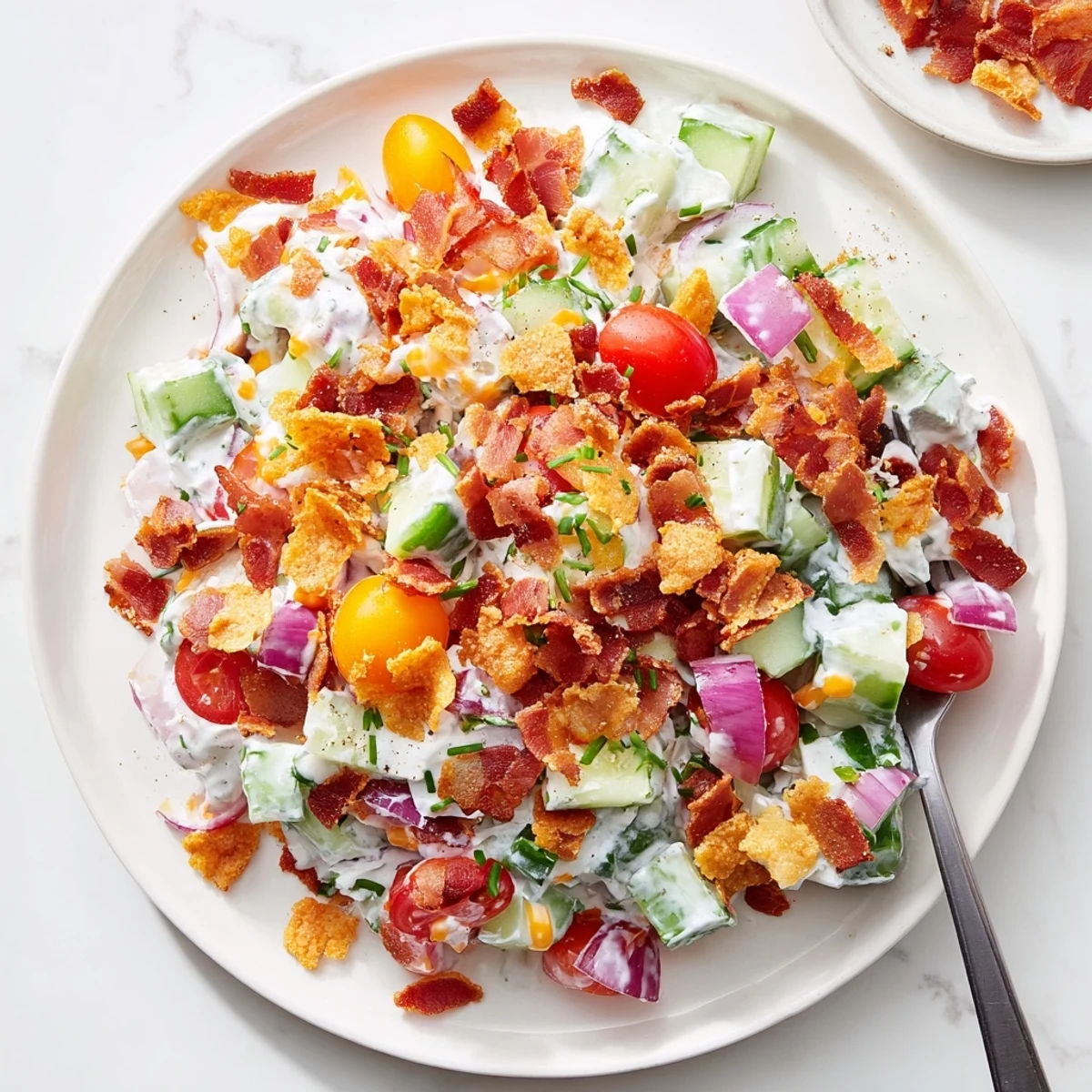 Cucumber Ranch Crack Salad piled with crunchy bacon, chips, creamy ranch