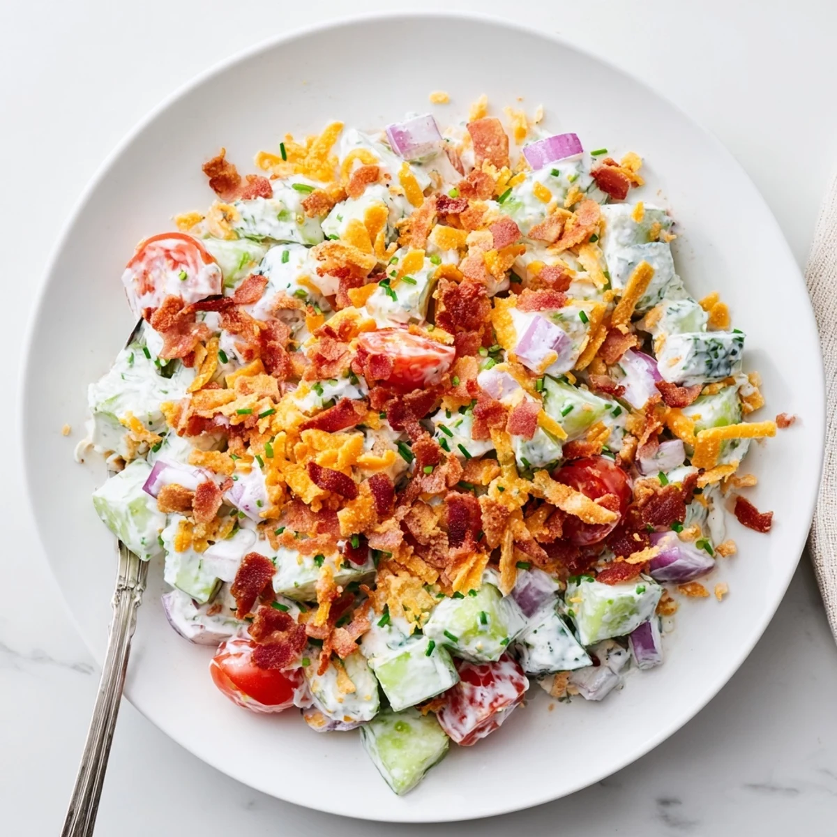 Creamy Cucumber Ranch Crack Salad garnished with cheddar, chives, picnic-ready