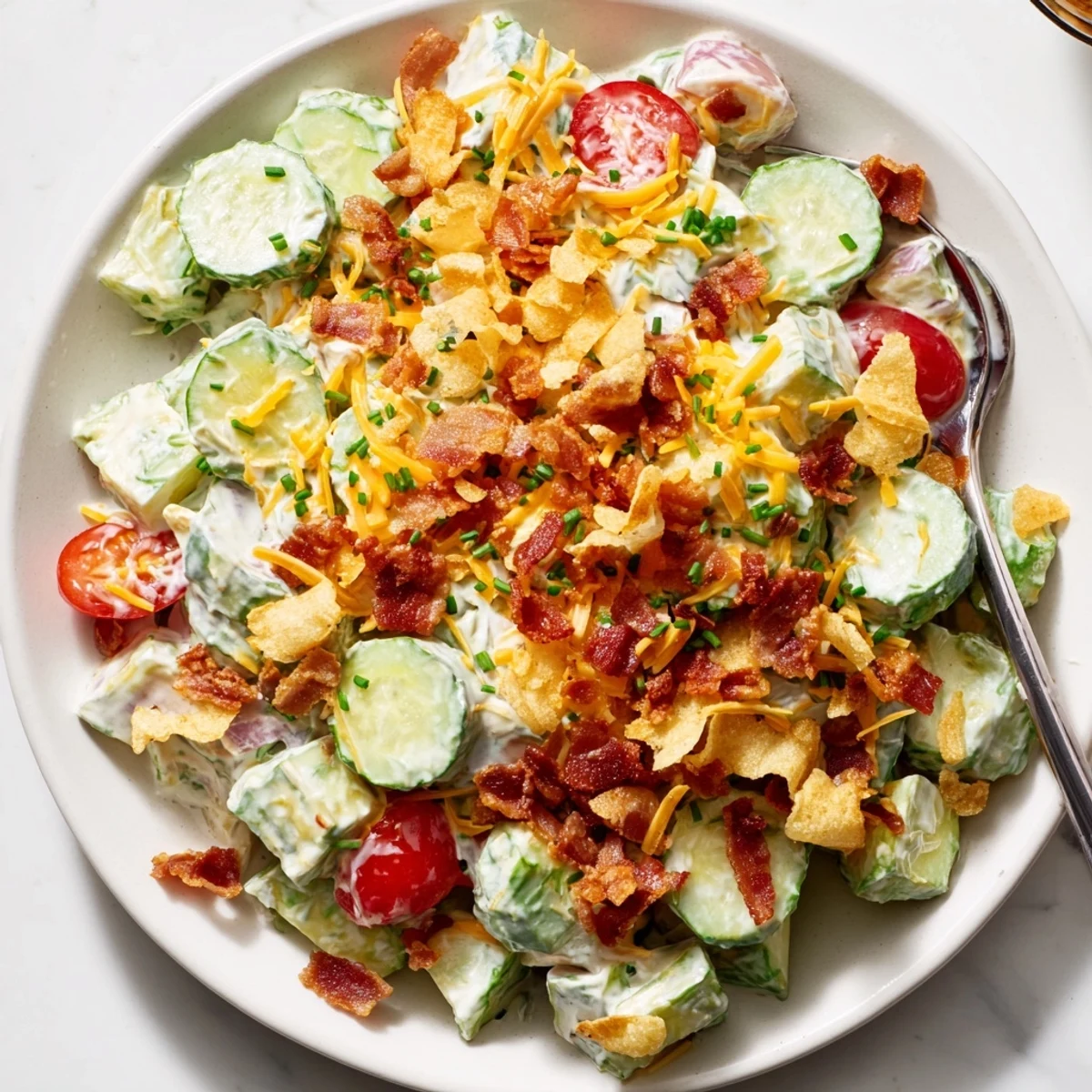 Bowl of Cucumber Ranch Crack Salad glistening, crisp cucumbers and smoky bacon