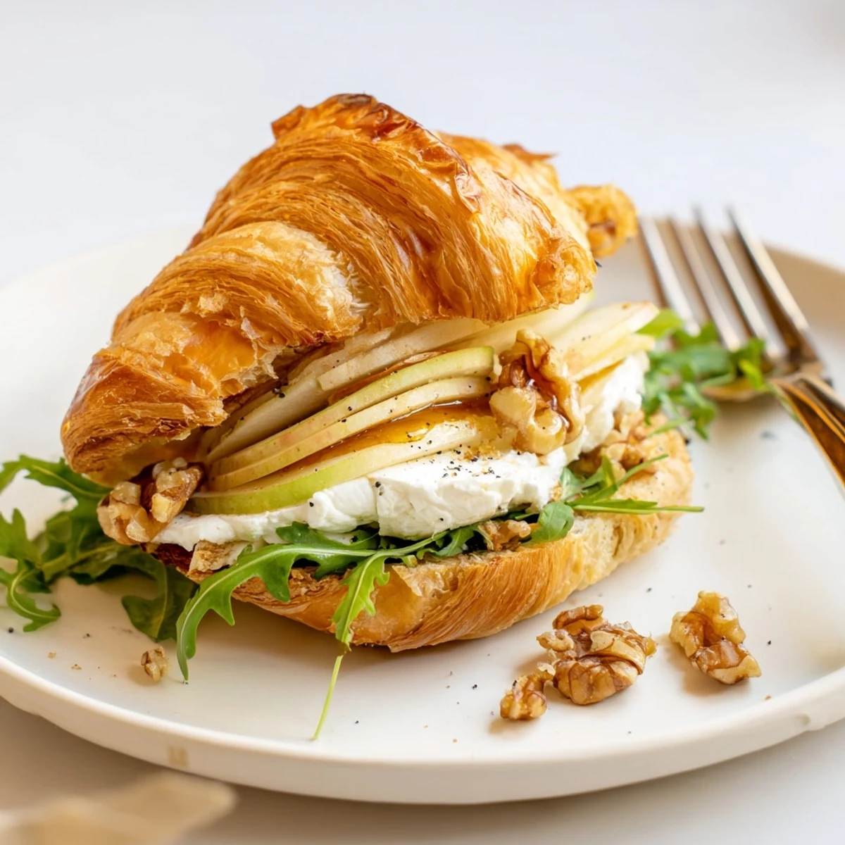 Apple Goat Cheese Croissant Sandwich Recipe plated for brunch, tangy goat cheese visible