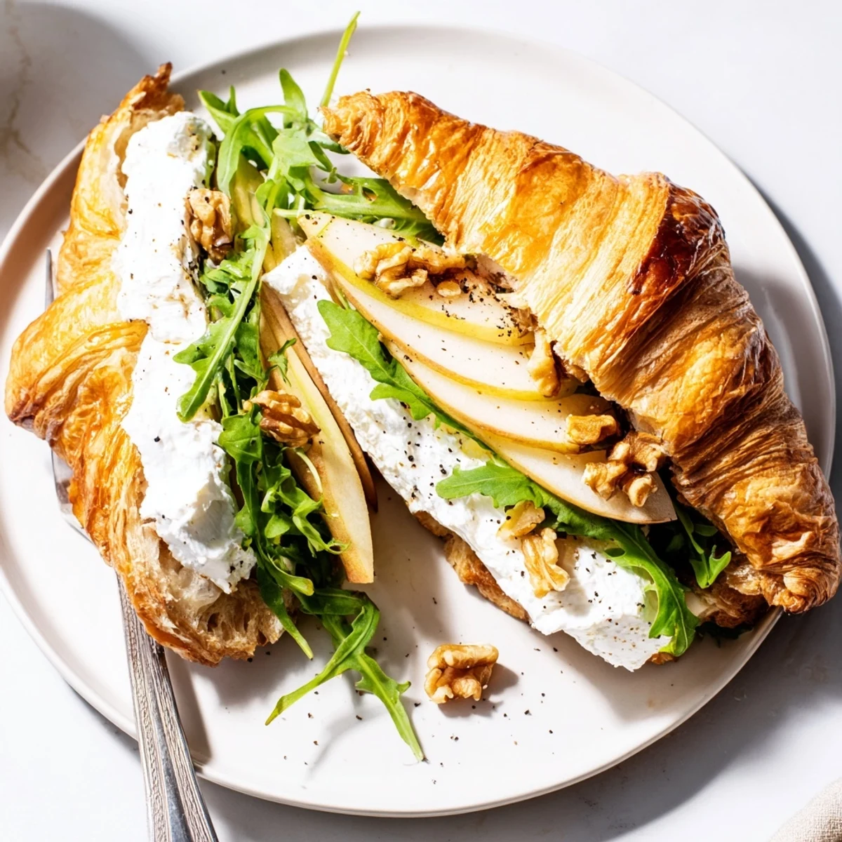 Apple Goat Cheese Croissant Sandwich Recipe layered with arugula, honey drizzle, nutty crunch