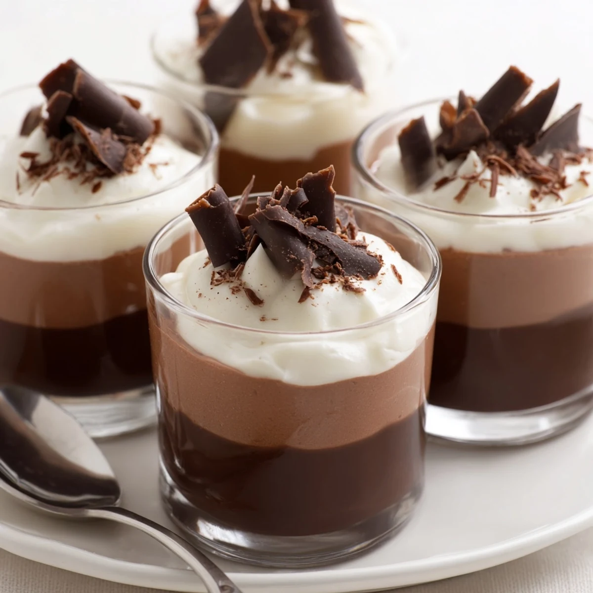 Triple Chocolate Mousse Cups layered in glass, silky dark to white swirls