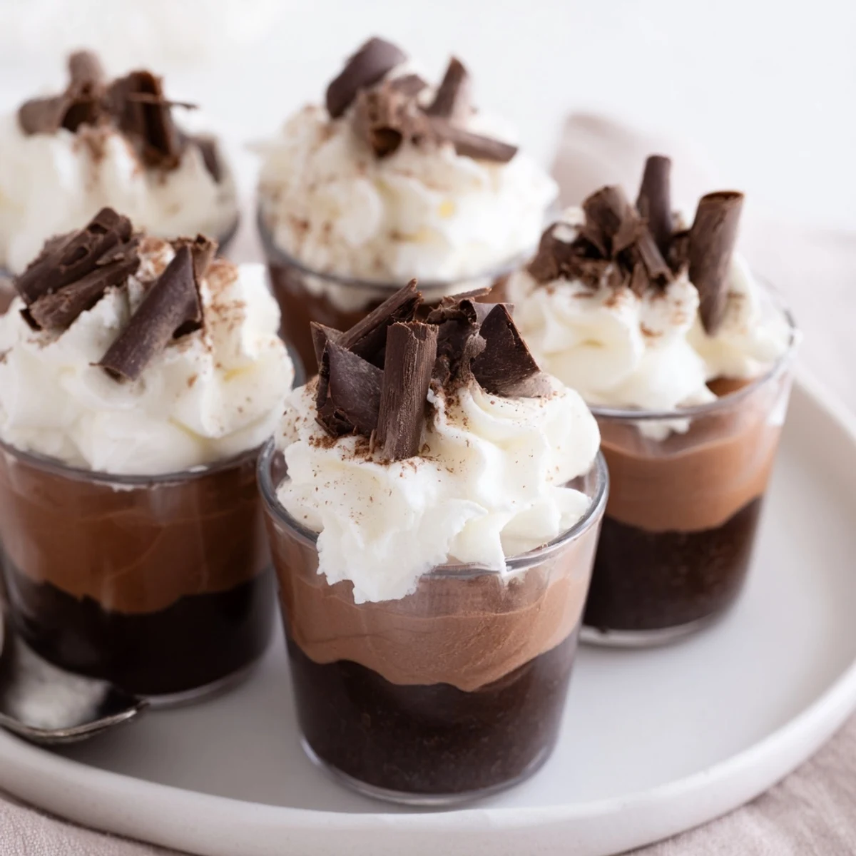 Individual Triple Chocolate Mousse Cups piped neatly, rich aroma, perfect after-dinner treat