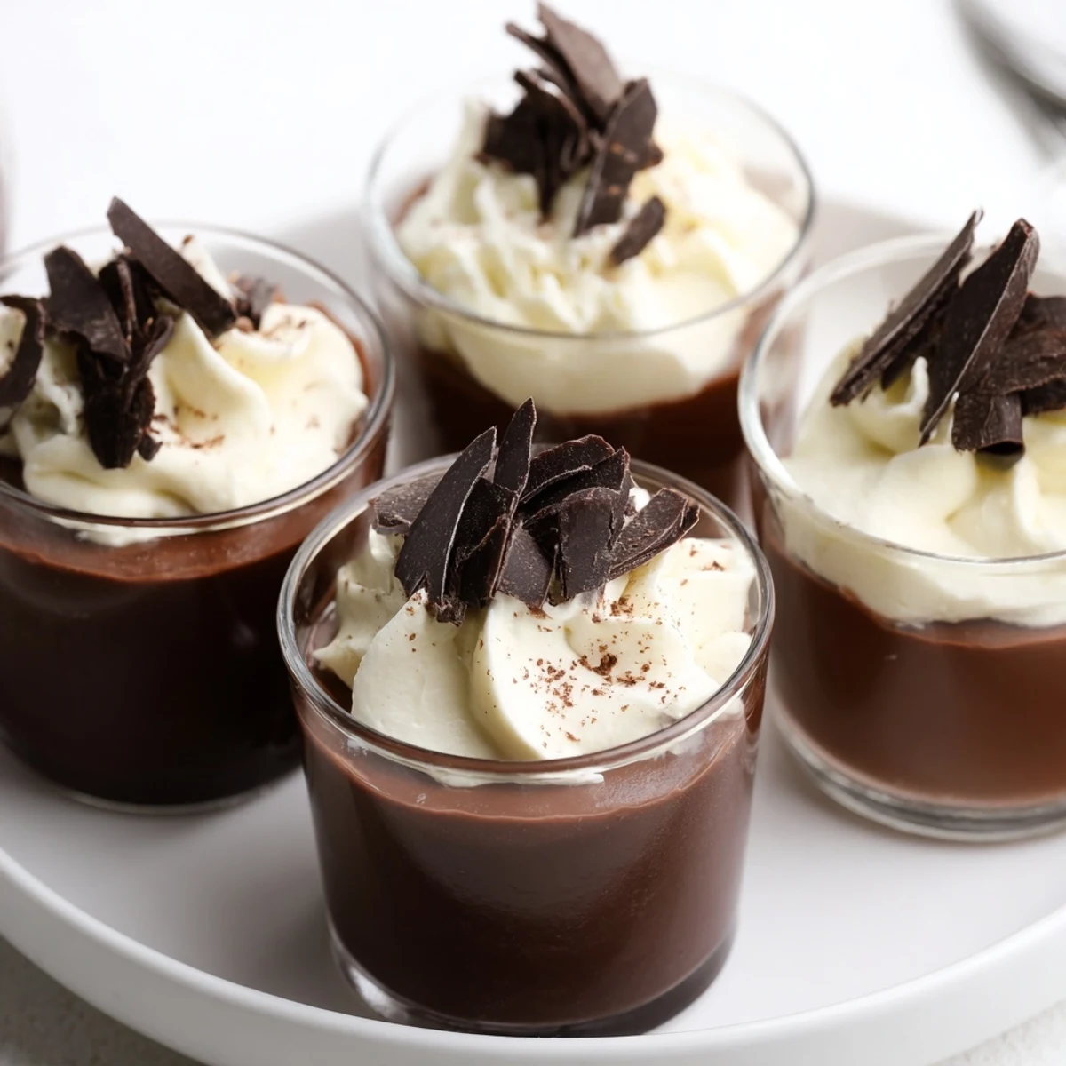 Creamy Triple Chocolate Mousse Cups chilled, topped with shaved chocolate and cocoa