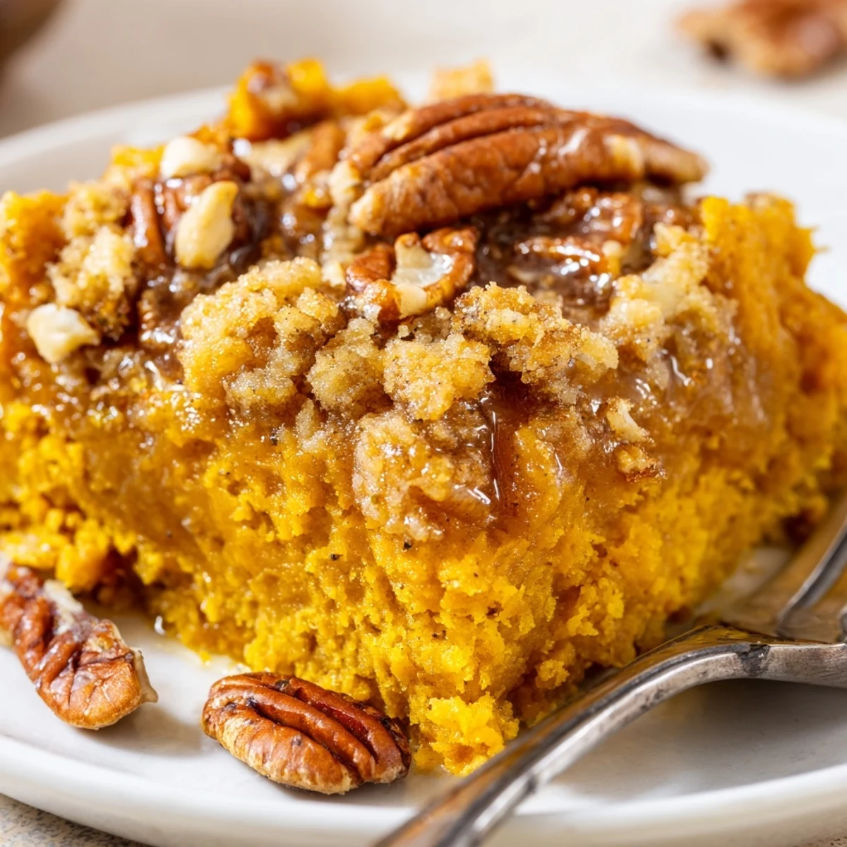 Homestyle Pumpkin Dump Cake served warm with melting vanilla ice cream