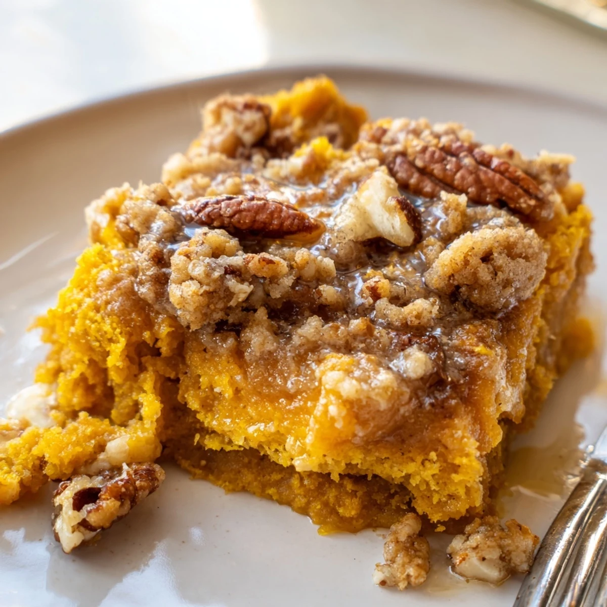 Baked Pumpkin Dump Cake cooling in pan, spiced aroma filling kitchen