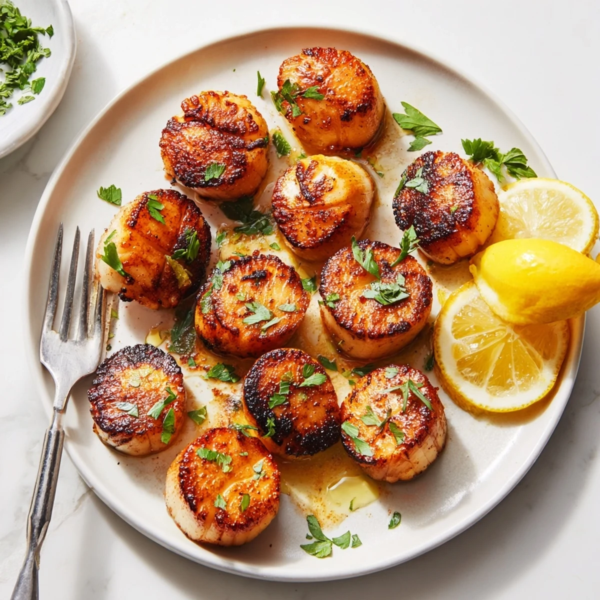 Perfectly seared grilled scallops recipe served with lemon wedges and sprinkled parsley