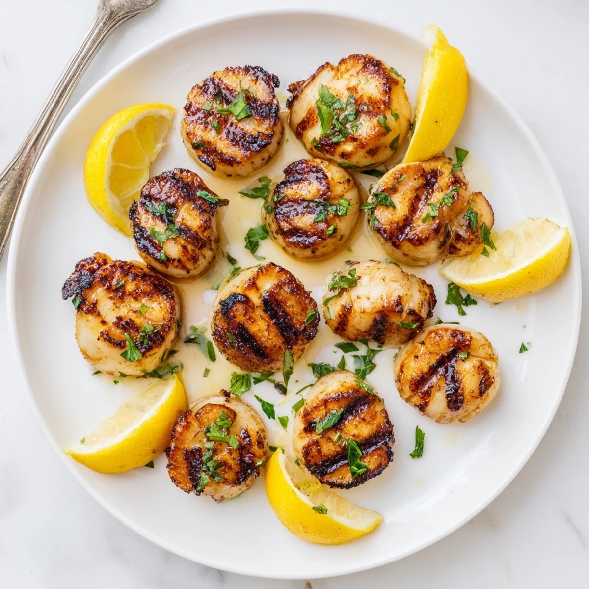 Golden grilled scallops recipe with charred edges and fresh herb garnish on white plate