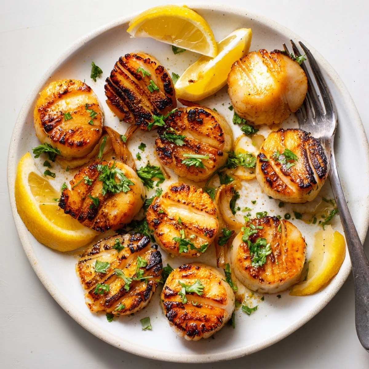 Gourmet grilled scallops recipe showing plump seafood with caramelized grill marks and bright citrus