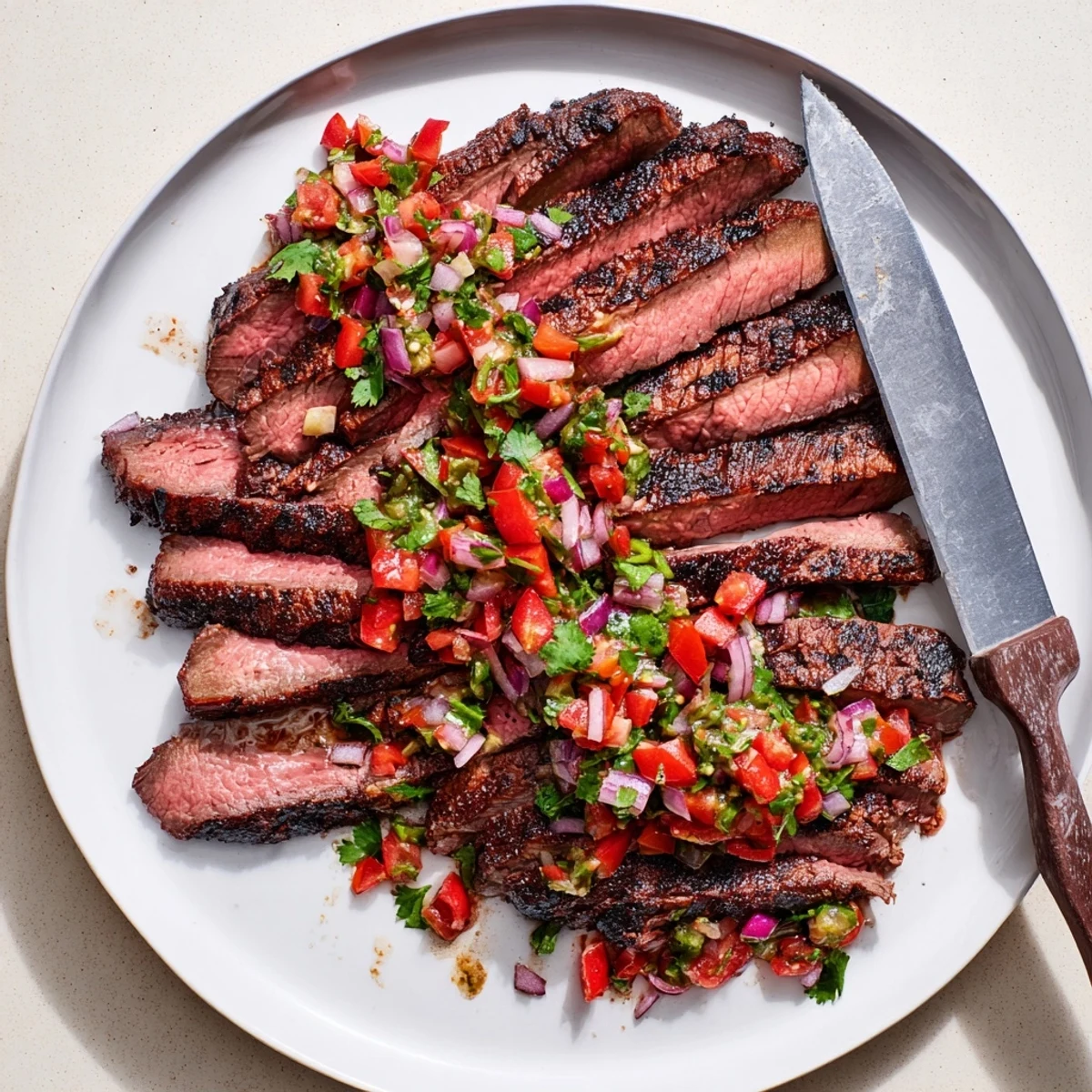Sliced grilled flank steak arranged on a platter topped with vibrant poblano pico de gallo