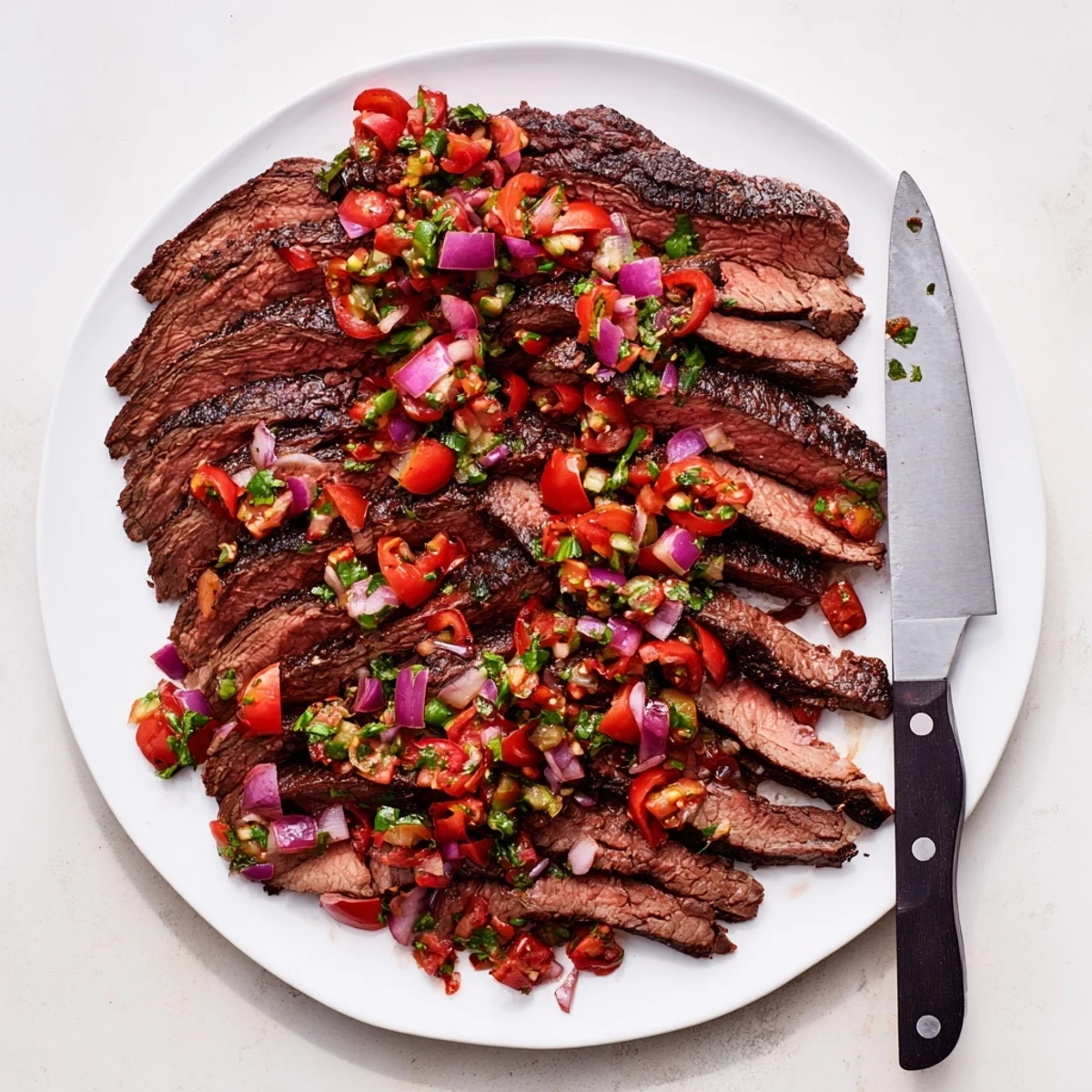 Medium-rare grilled flank steak slices generously topped with colorful poblano pepper pico de gallo